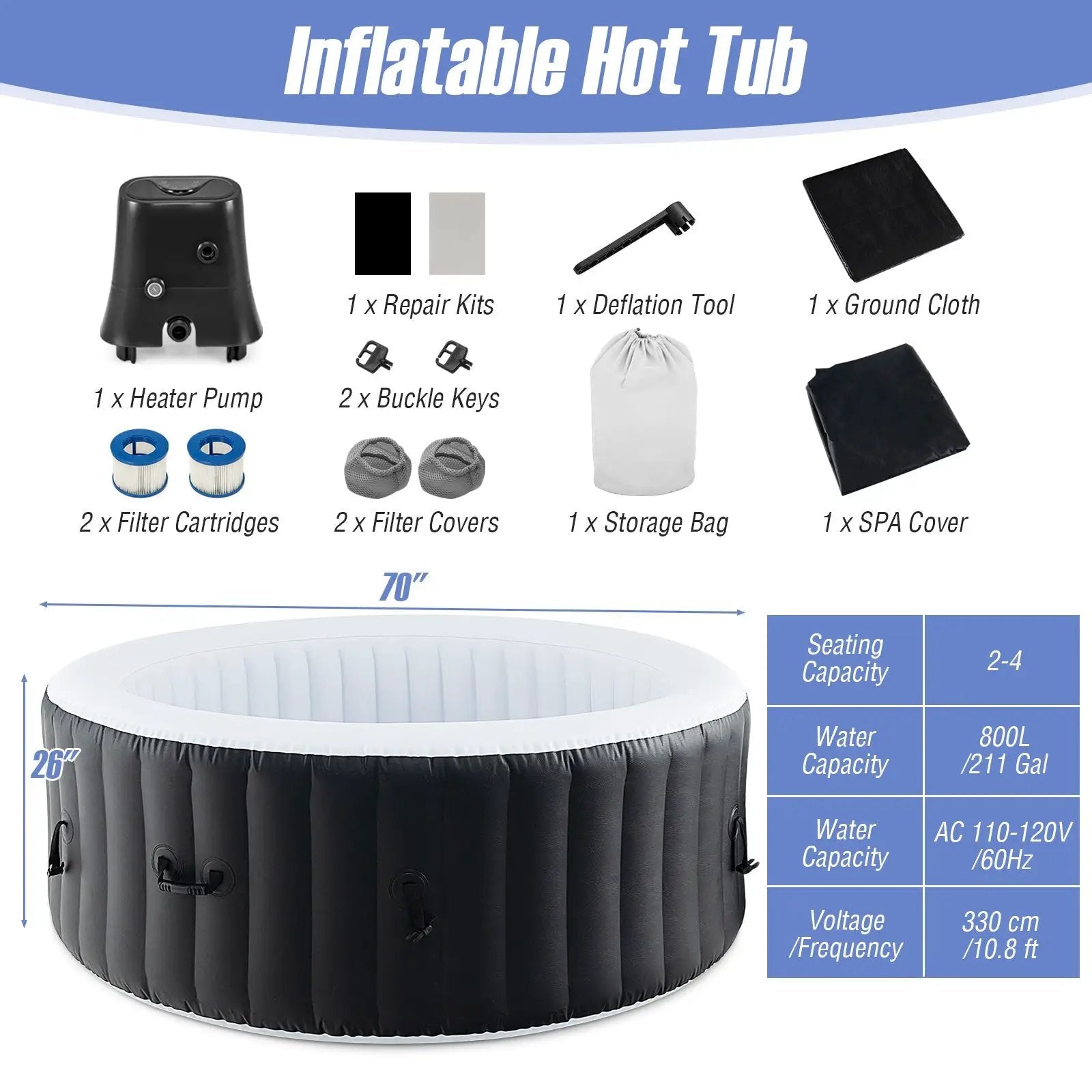 70/80 Inches Round SPA Pool Hottub with 110/130 Air Jets Electric Heater Pump by DirectDeals