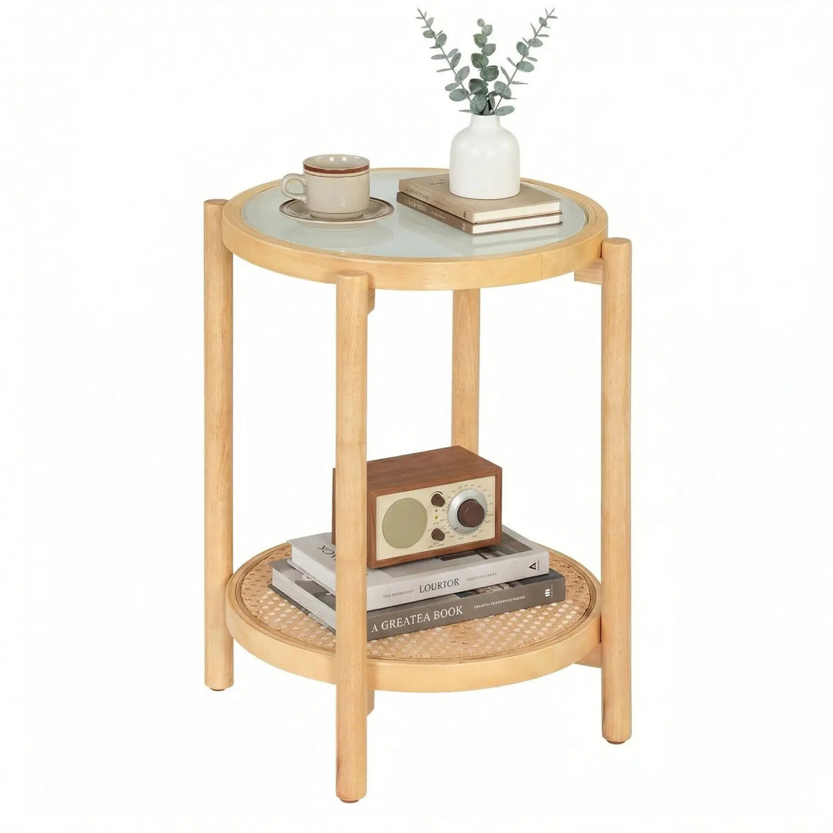 Round Side Table 2-Tier Boho End Table with Tempered Glass Top