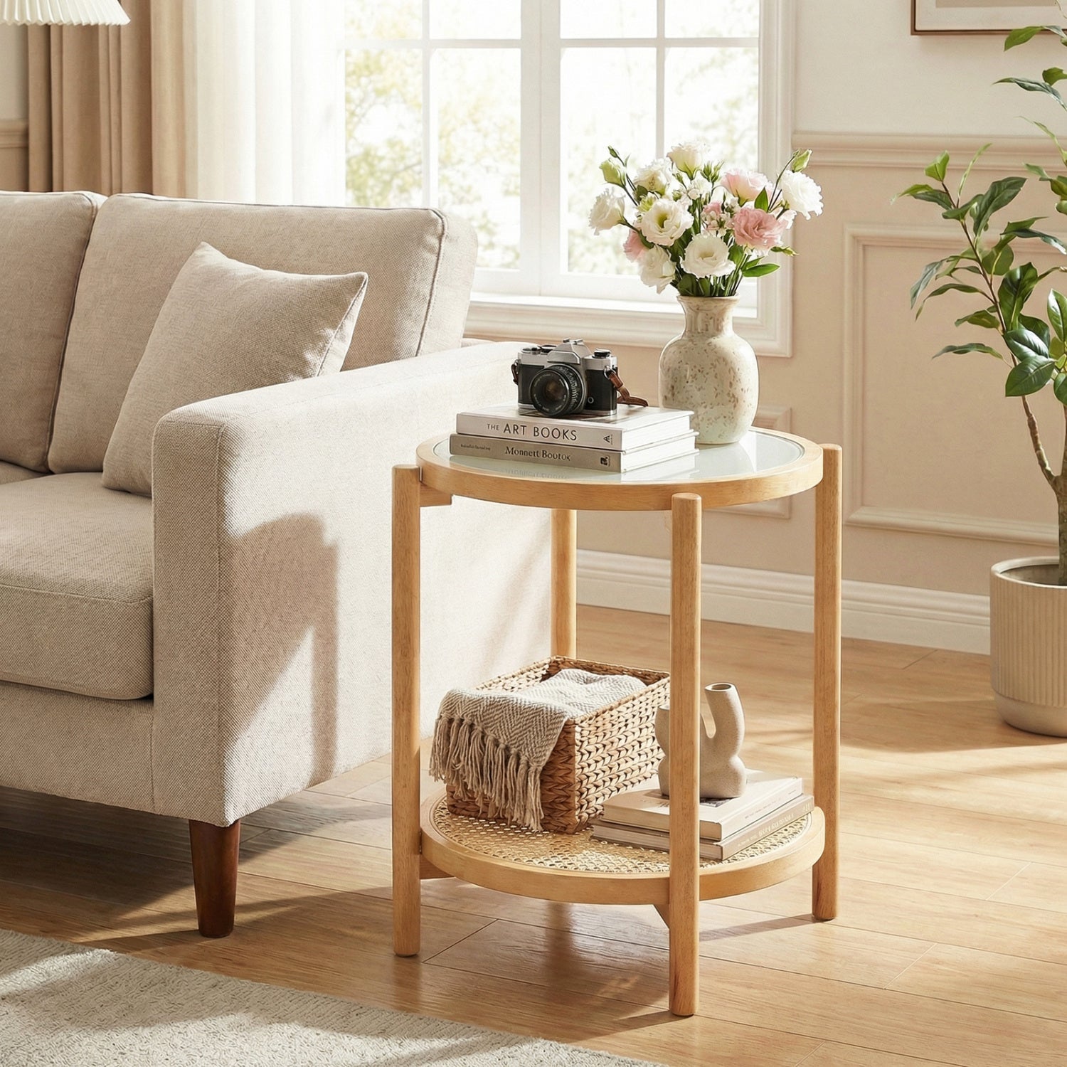 Round Side Table 2-Tier Boho End Table with Tempered Glass Top by DirectDeals