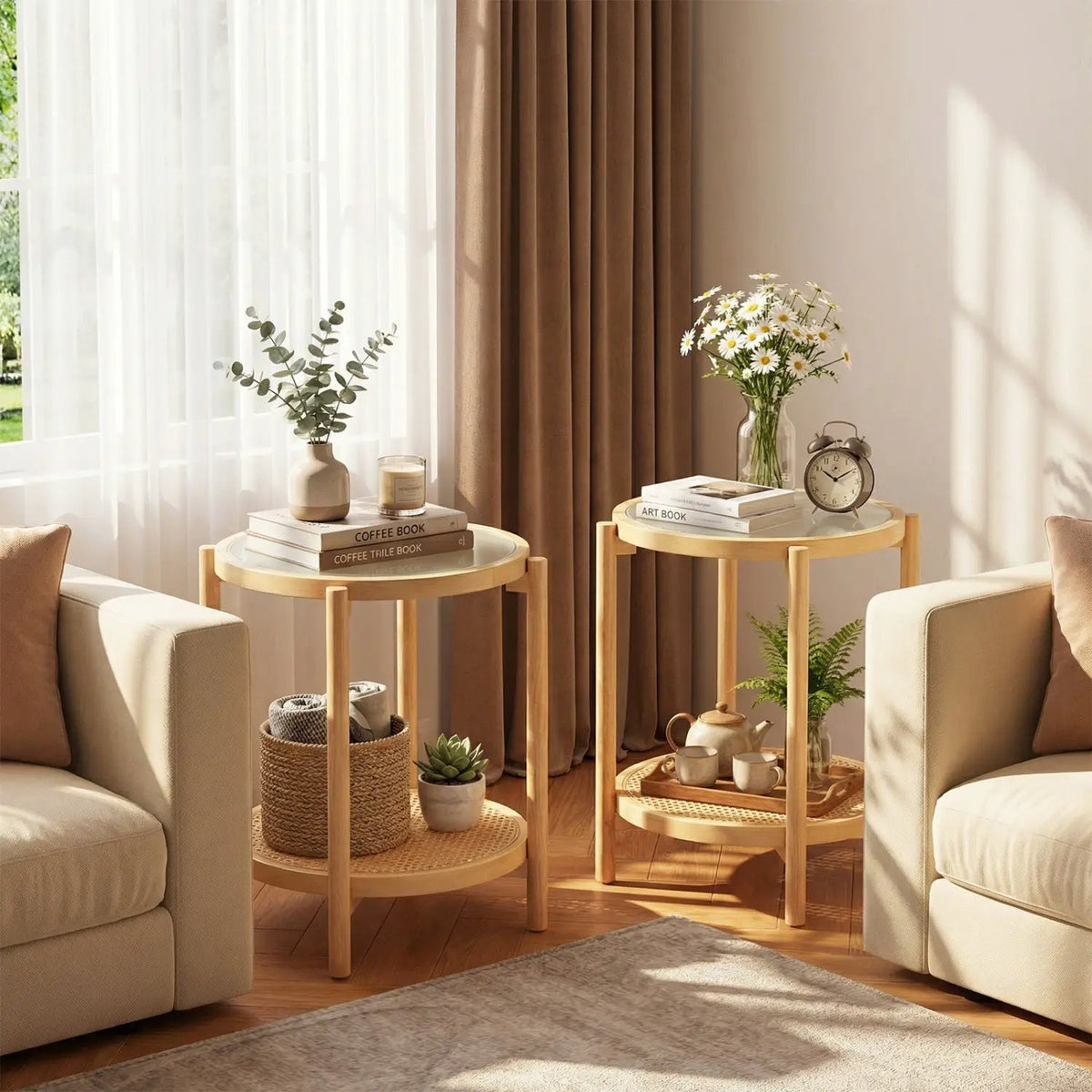 Round Side Table 2-Tier Boho End Table with Tempered Glass Top, photo 6 of 16