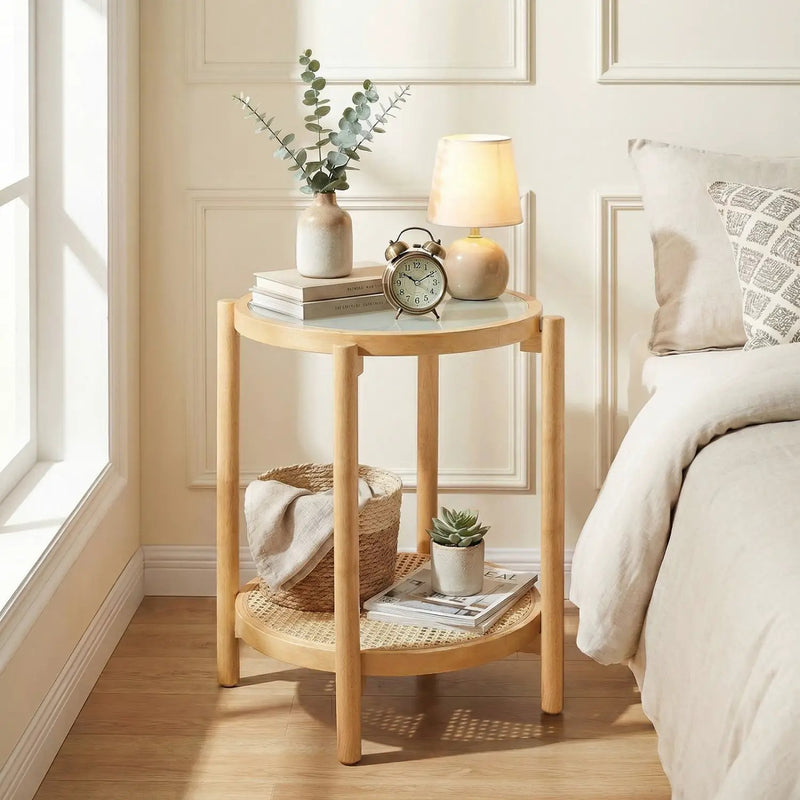 Round Side Table 2-Tier Boho End Table with Tempered Glass Top by DirectDeals
