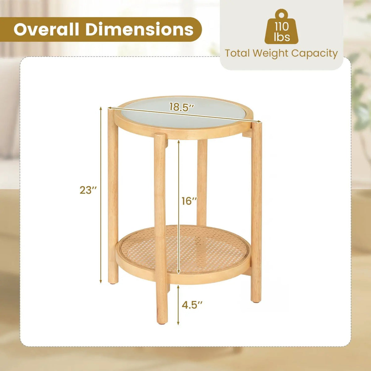 Round Side Table 2-Tier Boho End Table with Tempered Glass Top, photo 5 of 16