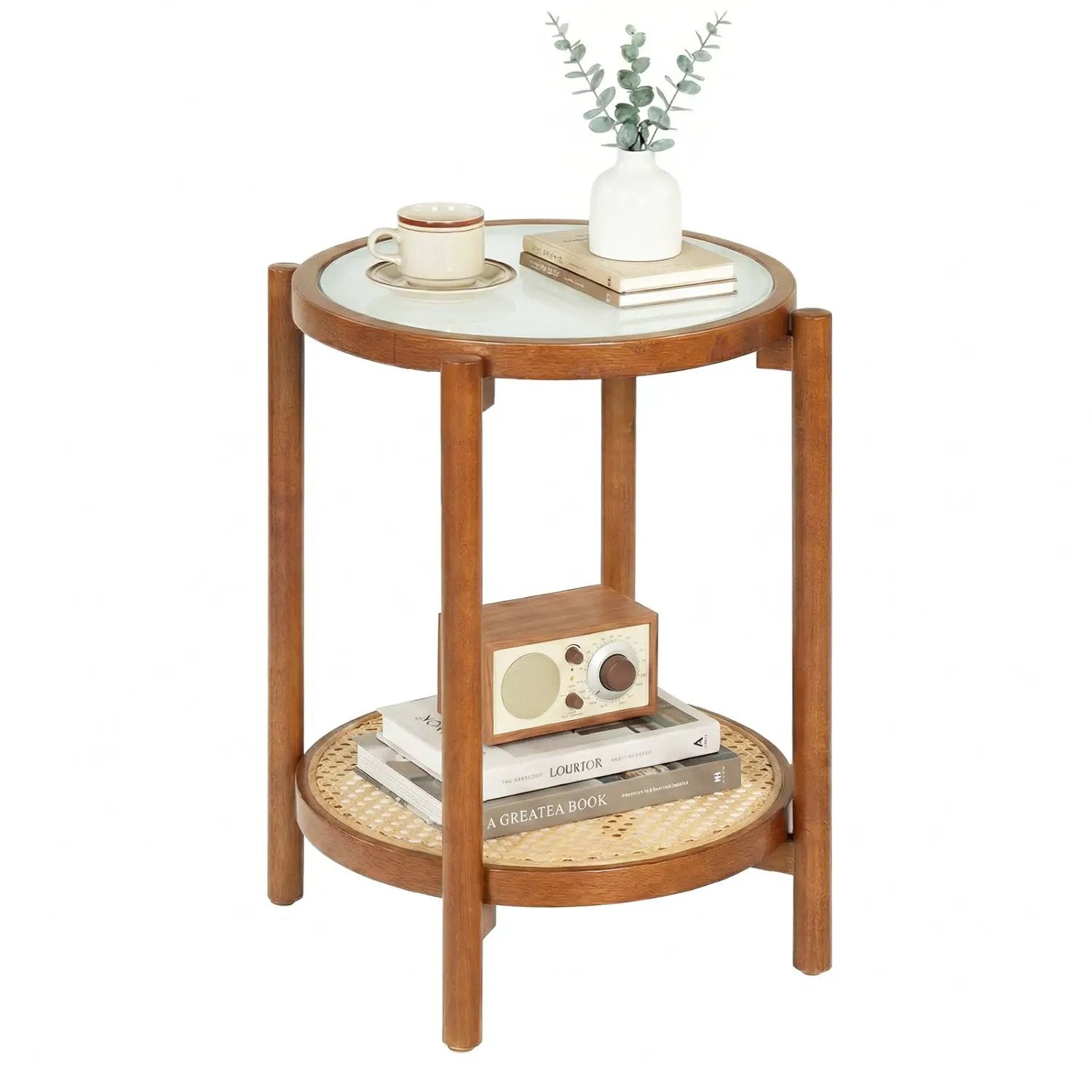 Round Side Table 2-Tier Boho End Table with Tempered Glass Top by DirectDeals