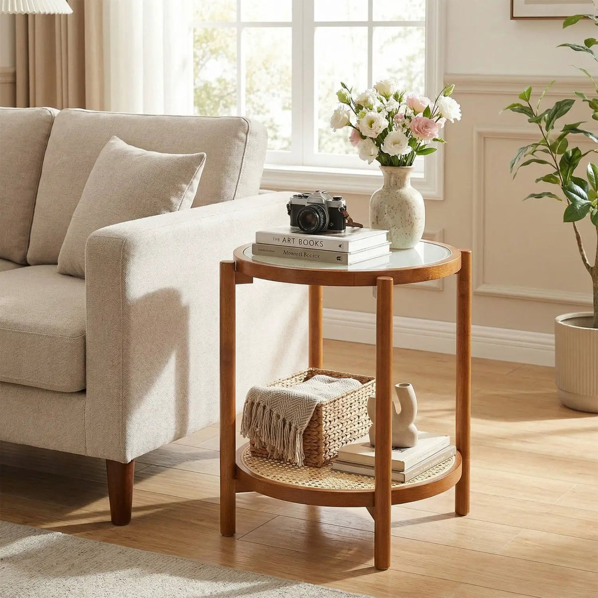 Round Side Table 2-Tier Boho End Table with Tempered Glass Top, photo 10 of 16