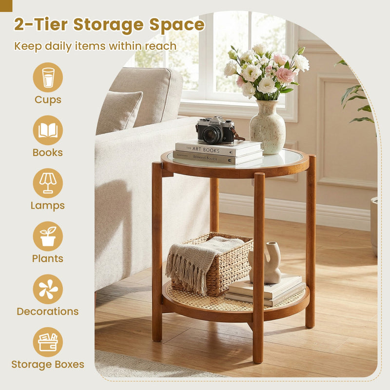 Round Side Table 2-Tier Boho End Table with Tempered Glass Top by DirectDeals