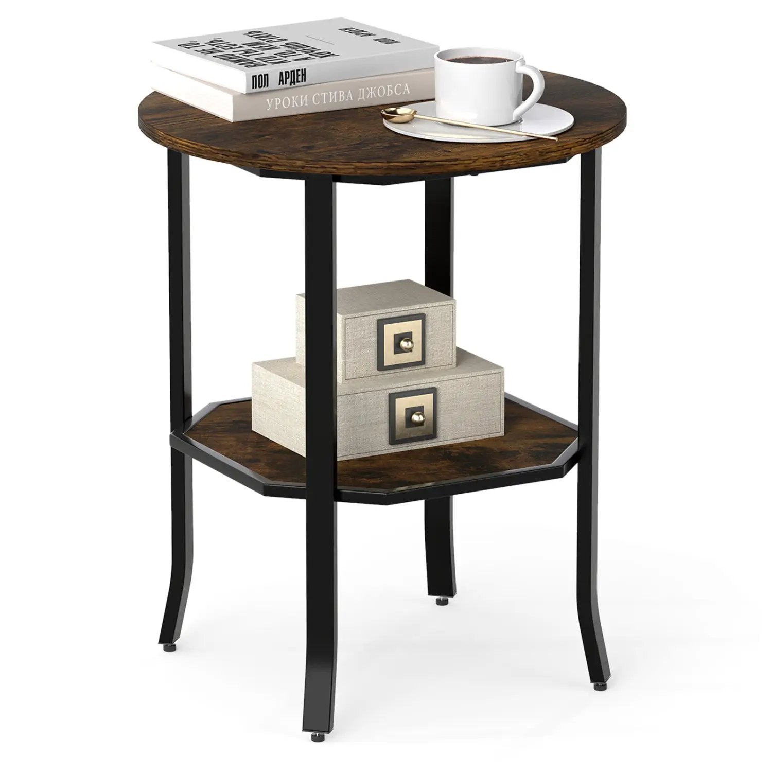 Round Side Table Small End Table with Storage Shelf 2-Tier Nightstand for Small Space by DirectDeals