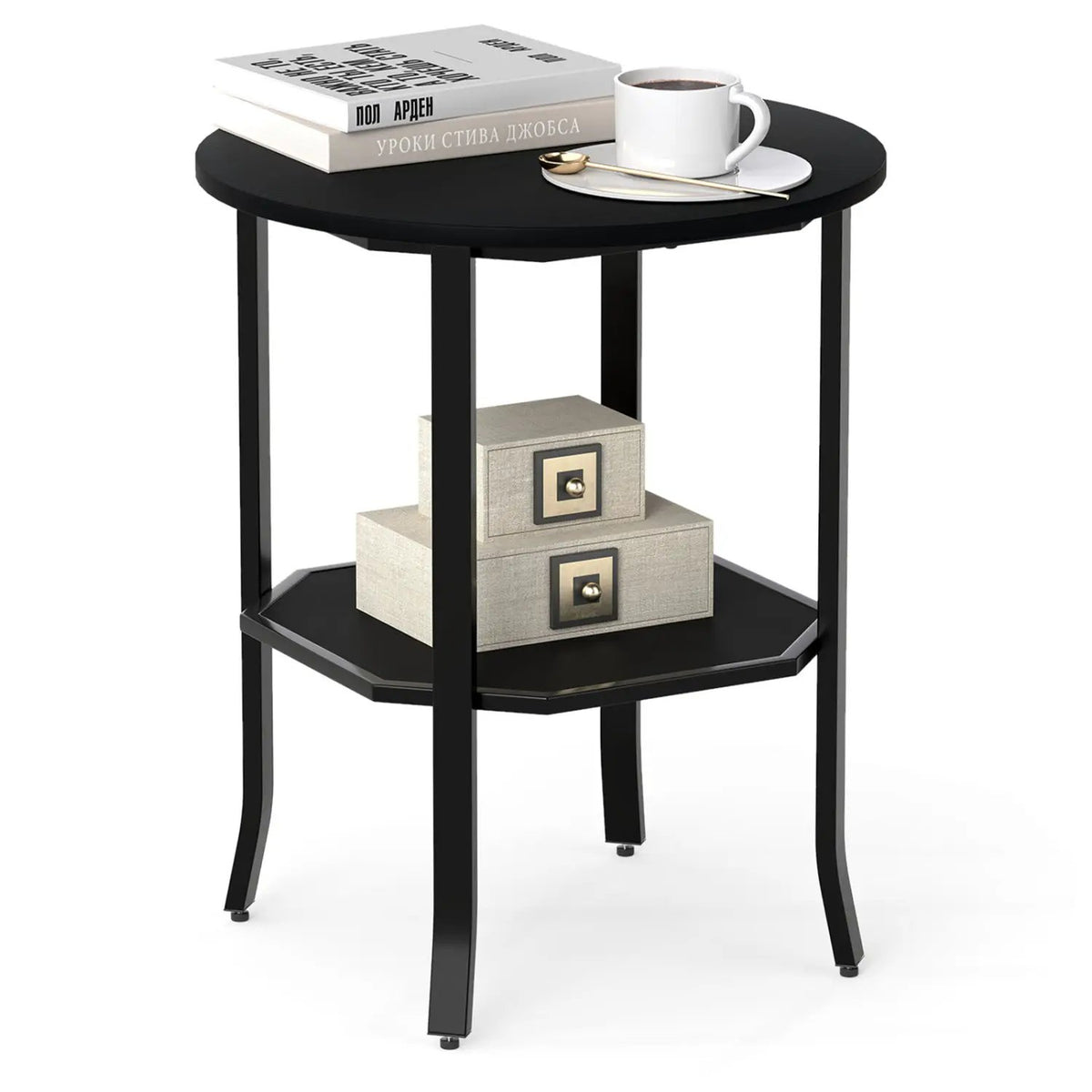 Round Side Table Small End Table with Storage Shelf 2-Tier Nightstand for Small Space, photo 2 of 2