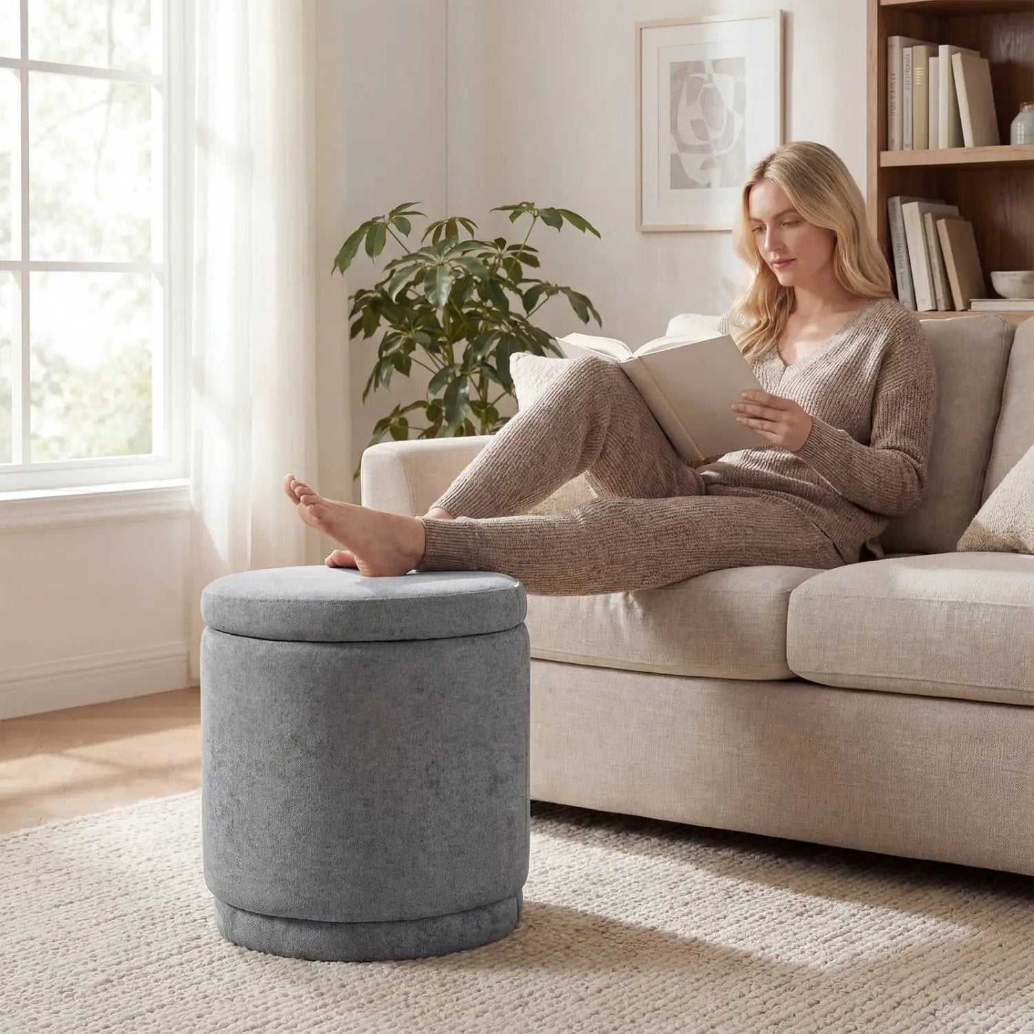 Round Storage Ottoman Foot Rest with Removable Lid and Acacia Wood Frame by DirectDeals