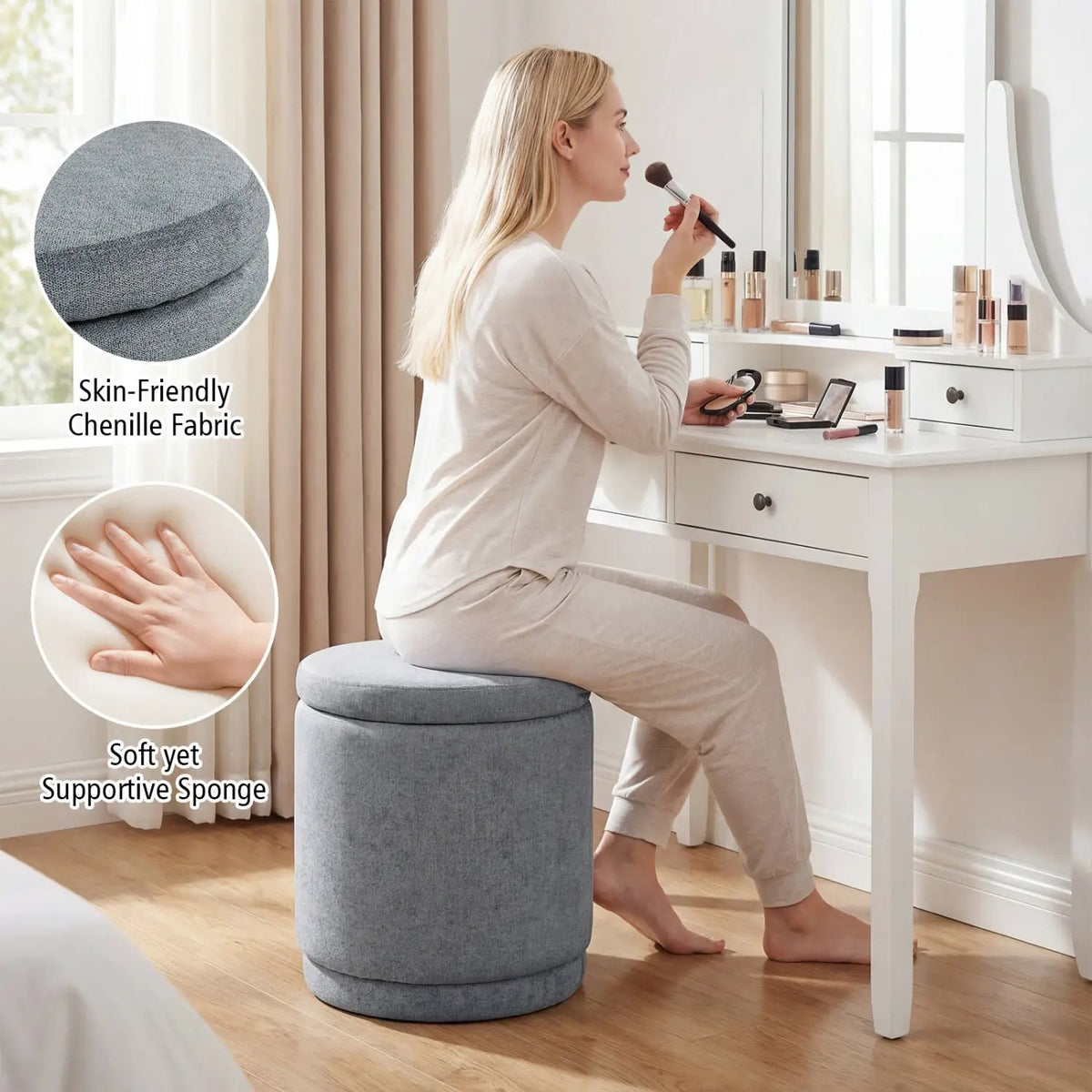 Round Storage Ottoman Foot Rest with Removable Lid and Acacia Wood Frame, photo 14 of 16