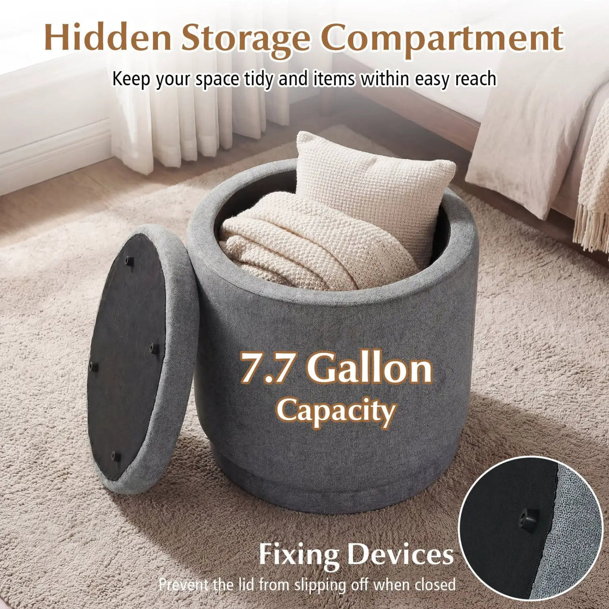 Round Storage Ottoman Foot Rest with Removable Lid and Acacia Wood Frame, photo 15 of 16