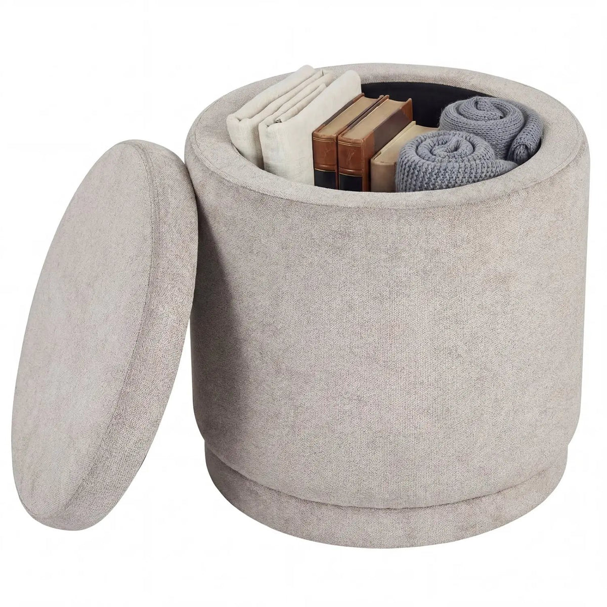 Round Storage Ottoman Foot Rest with Removable Lid and Acacia Wood Frame