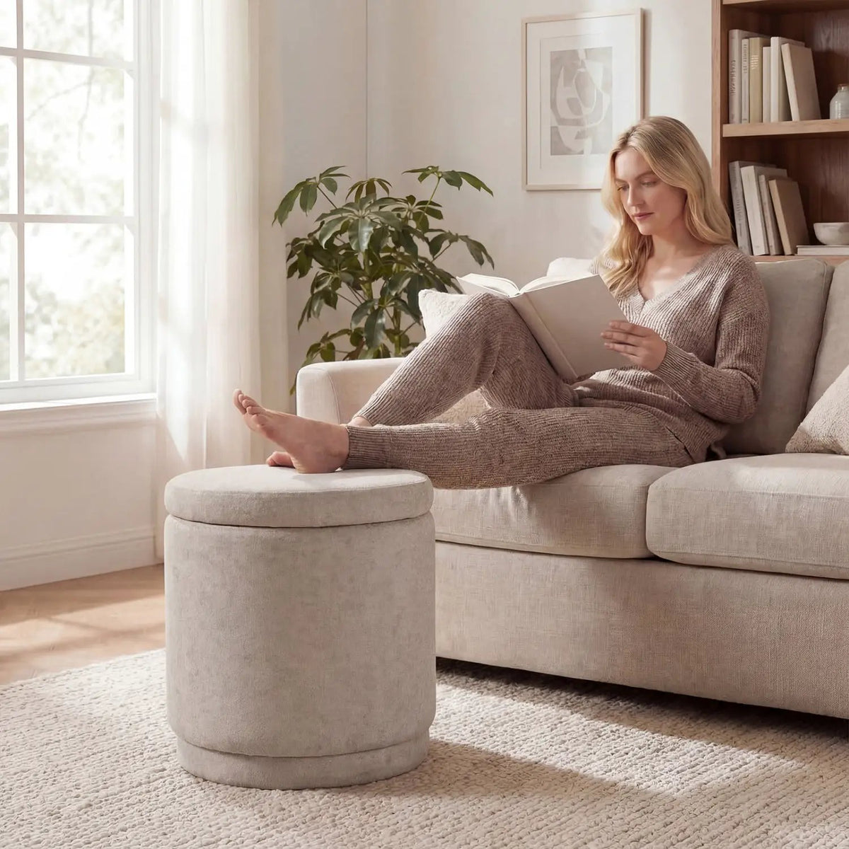 Round Storage Ottoman Foot Rest with Removable Lid and Acacia Wood Frame, photo 3 of 16
