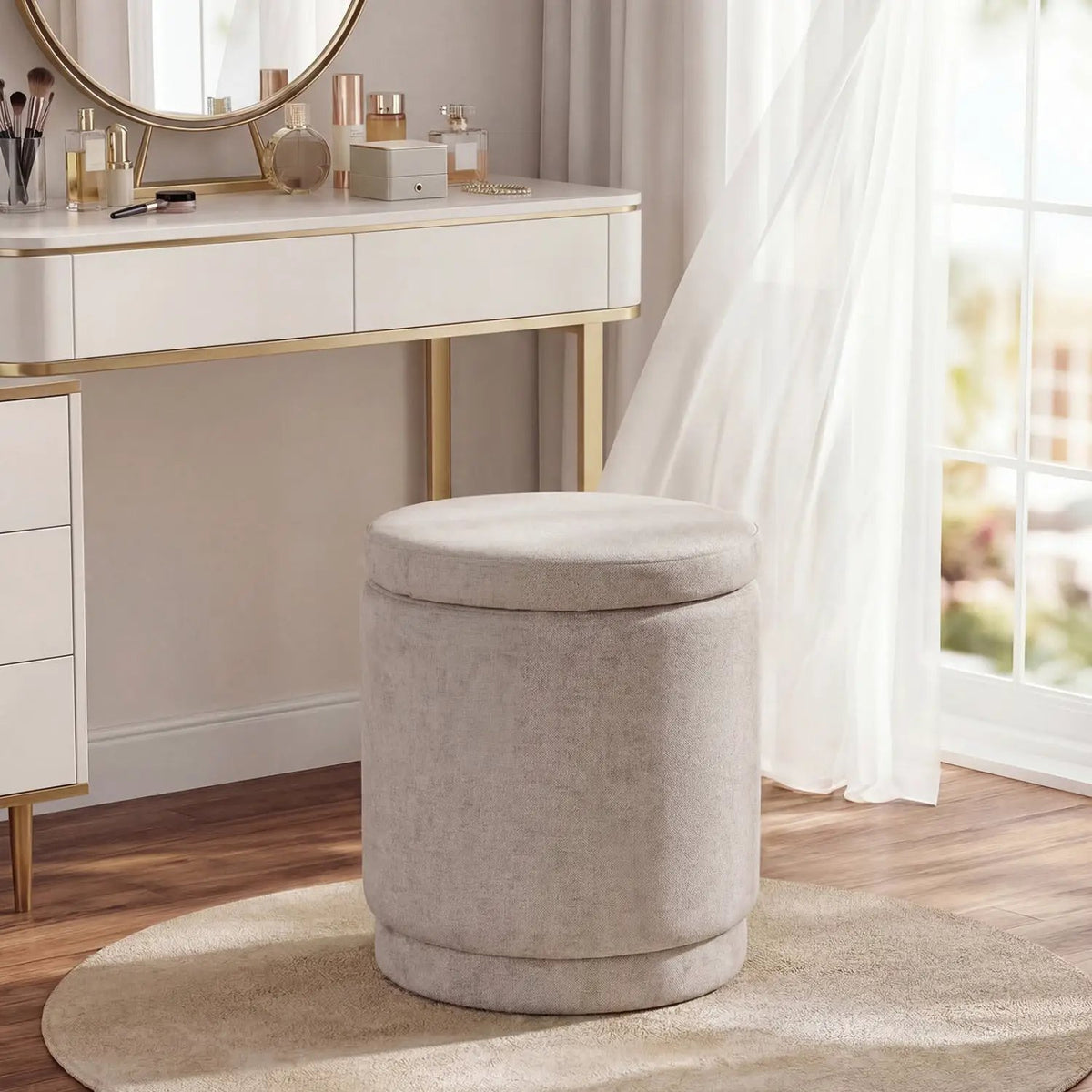 Round Storage Ottoman Foot Rest with Removable Lid and Acacia Wood Frame, photo 6 of 16