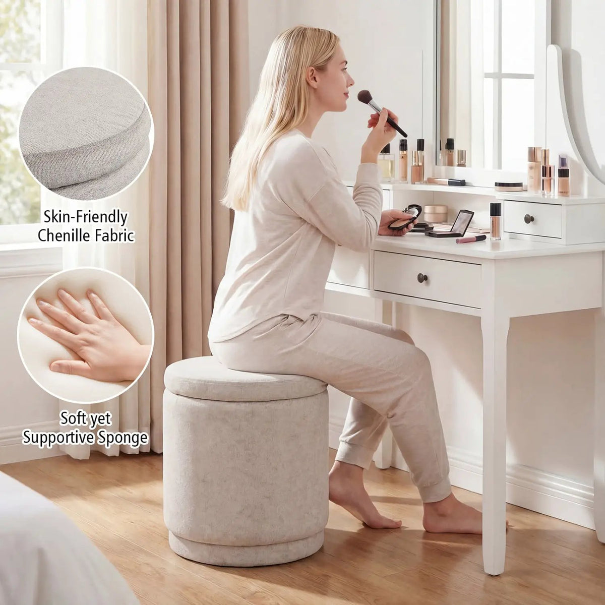 Round Storage Ottoman Foot Rest with Removable Lid and Acacia Wood Frame, photo 7 of 16