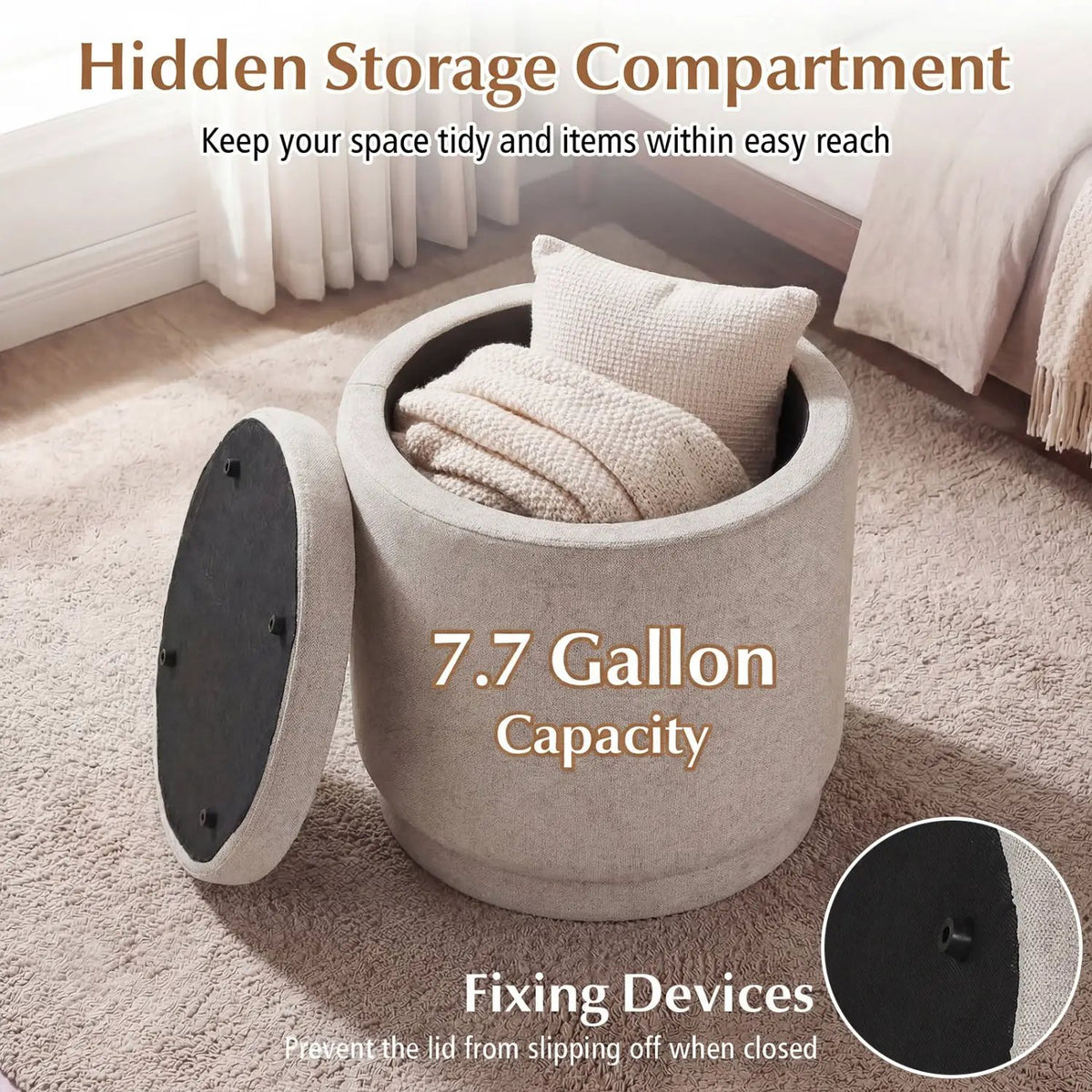 Round Storage Ottoman Foot Rest with Removable Lid and Acacia Wood Frame, photo 8 of 16