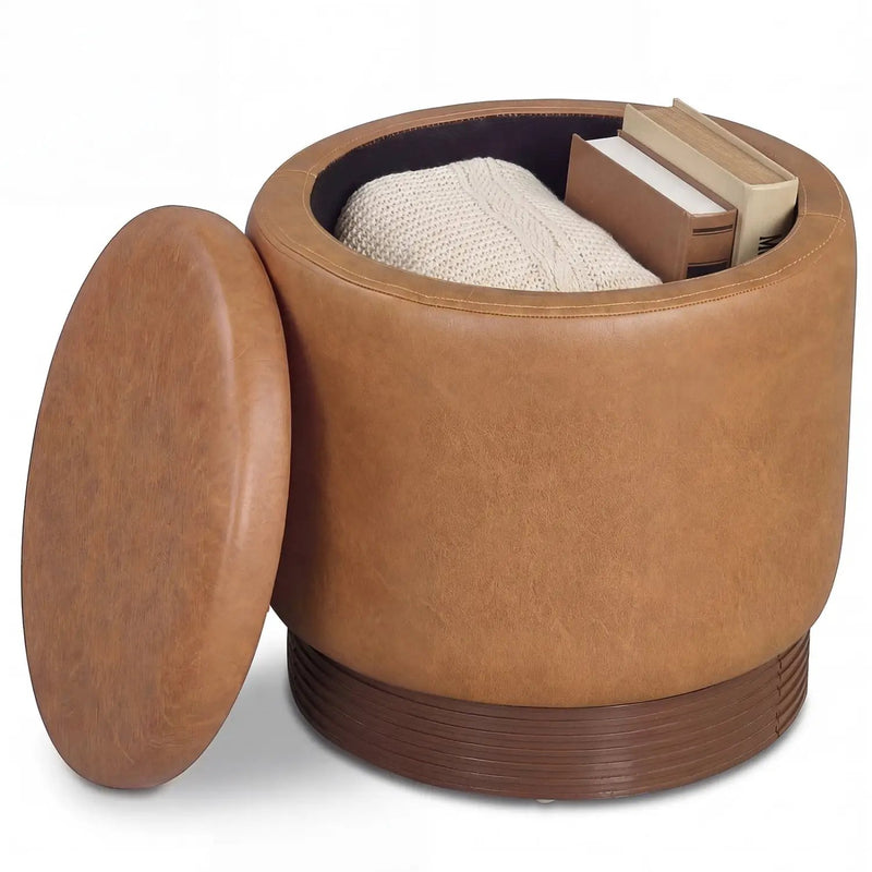 Round Storage Ottoman with Acacia Wood Frame for Living Room and Bedroom by DirectDeals