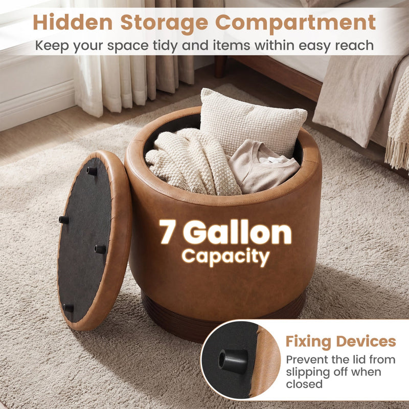 Round Storage Ottoman with Acacia Wood Frame for Living Room and Bedroom by DirectDeals