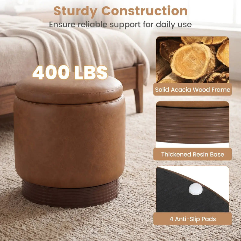 Round Storage Ottoman with Acacia Wood Frame for Living Room and Bedroom by DirectDeals