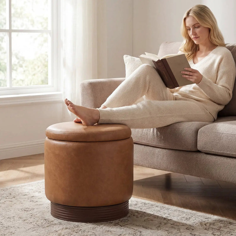 Round Storage Ottoman with Acacia Wood Frame for Living Room and Bedroom by DirectDeals