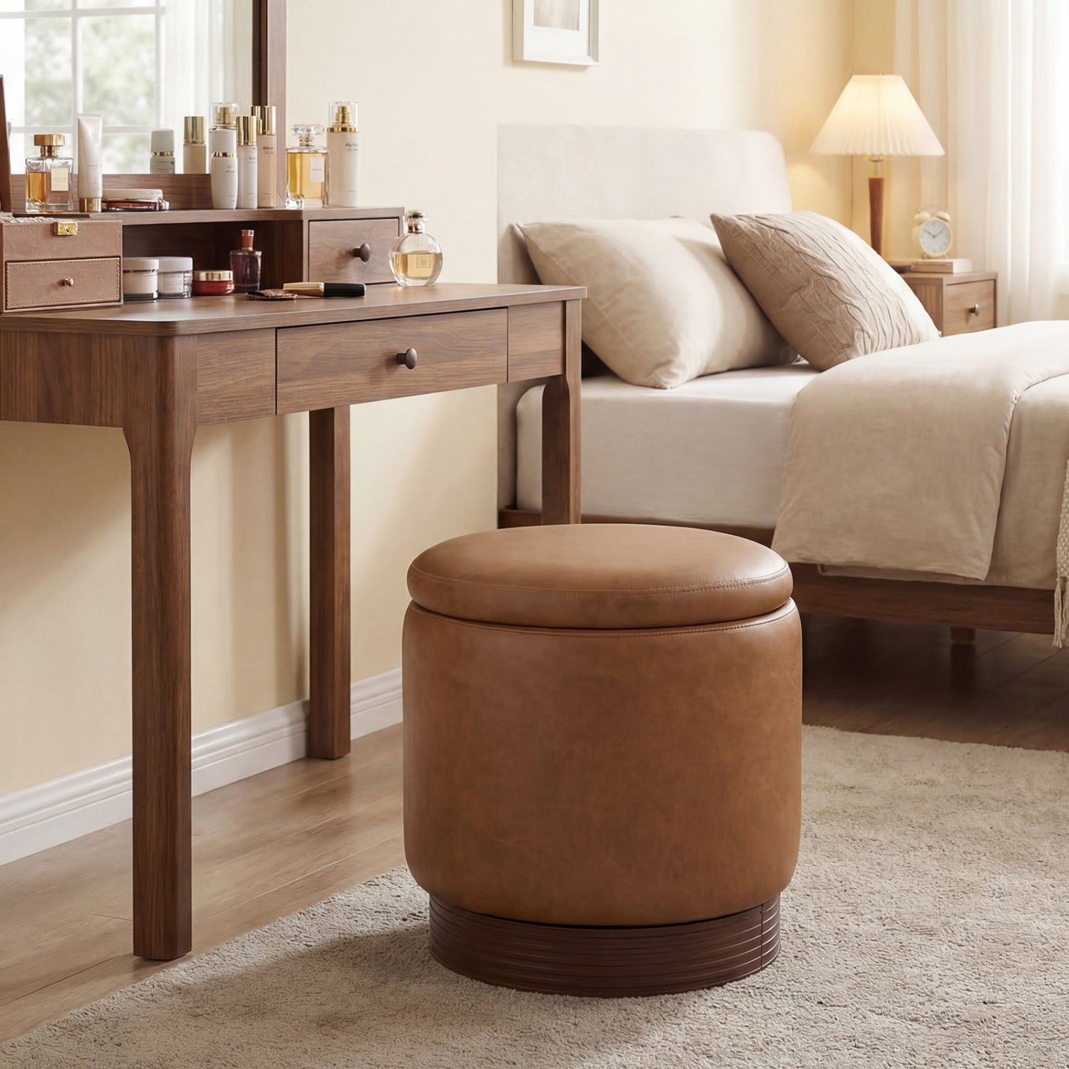 Round Storage Ottoman with Acacia Wood Frame for Living Room and Bedroom by DirectDeals