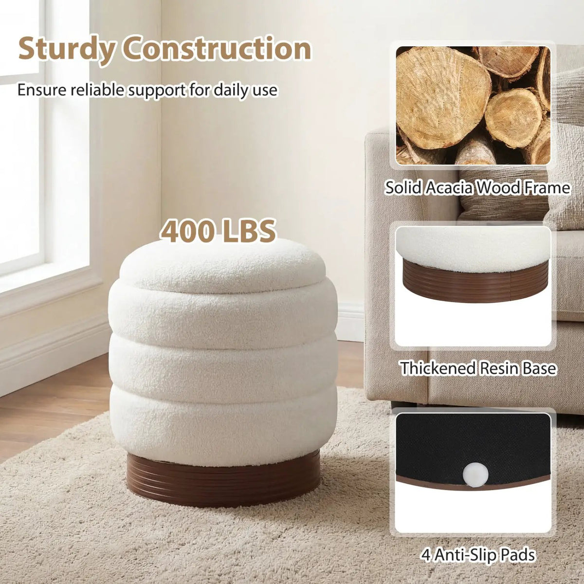 Round Storage Ottoman with Acacia Wood Frame for Living Room, photo 7 of 15
