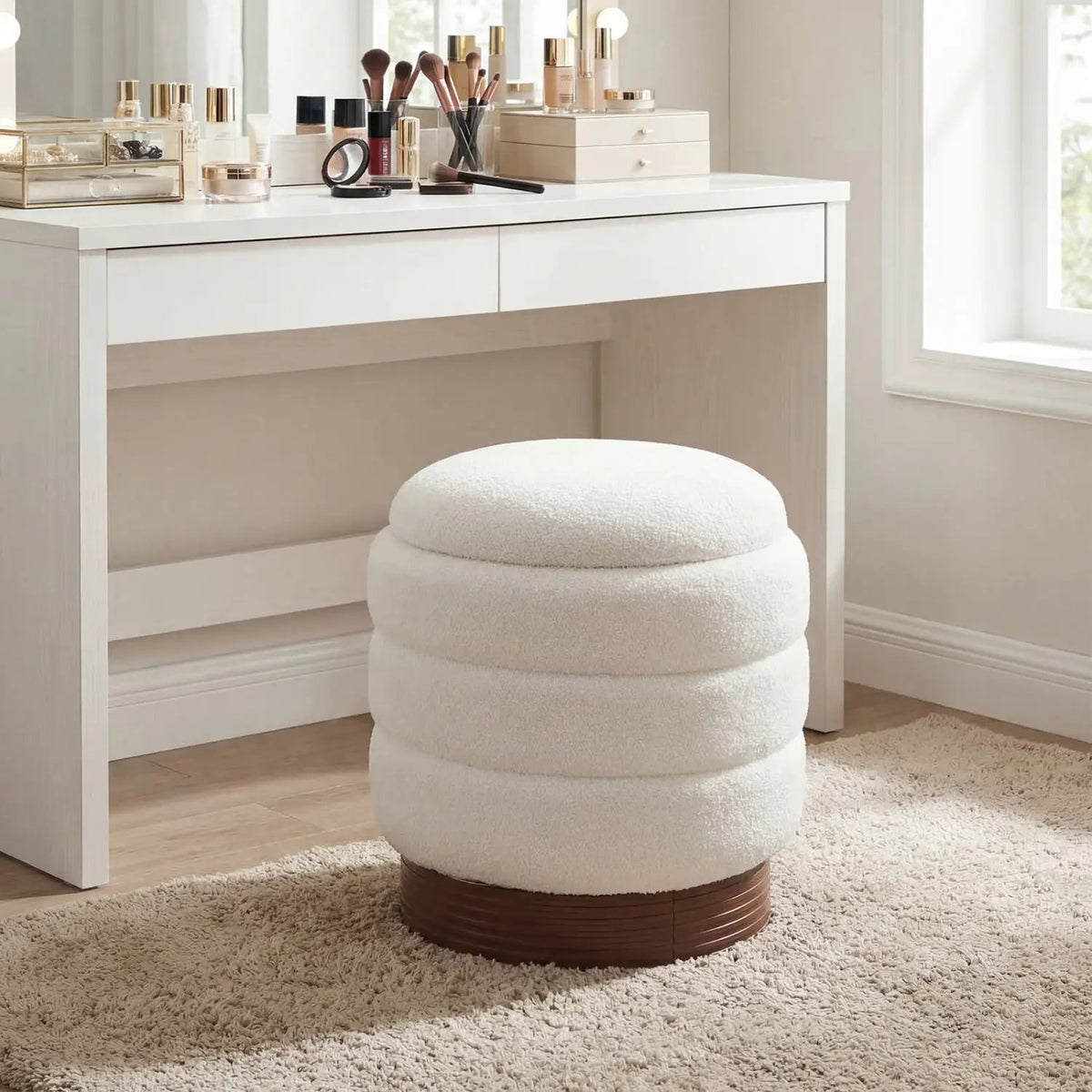 Round Storage Ottoman with Acacia Wood Frame for Living Room, photo 3 of 15