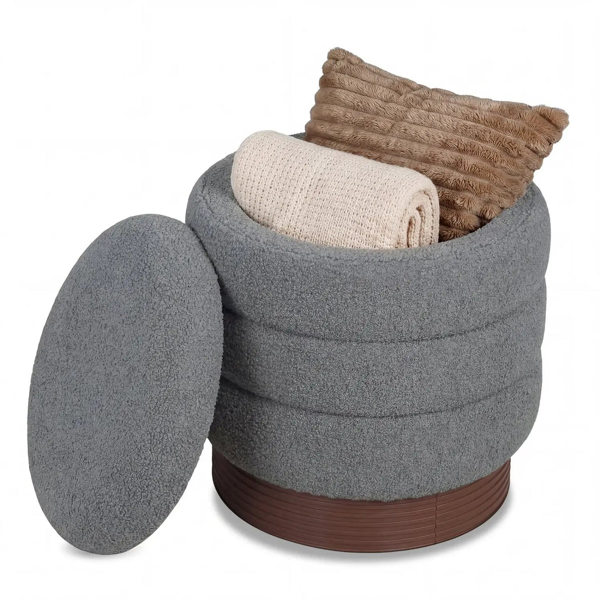 Round Storage Ottoman with Acacia Wood Frame for Living Room, photo 11 of 15