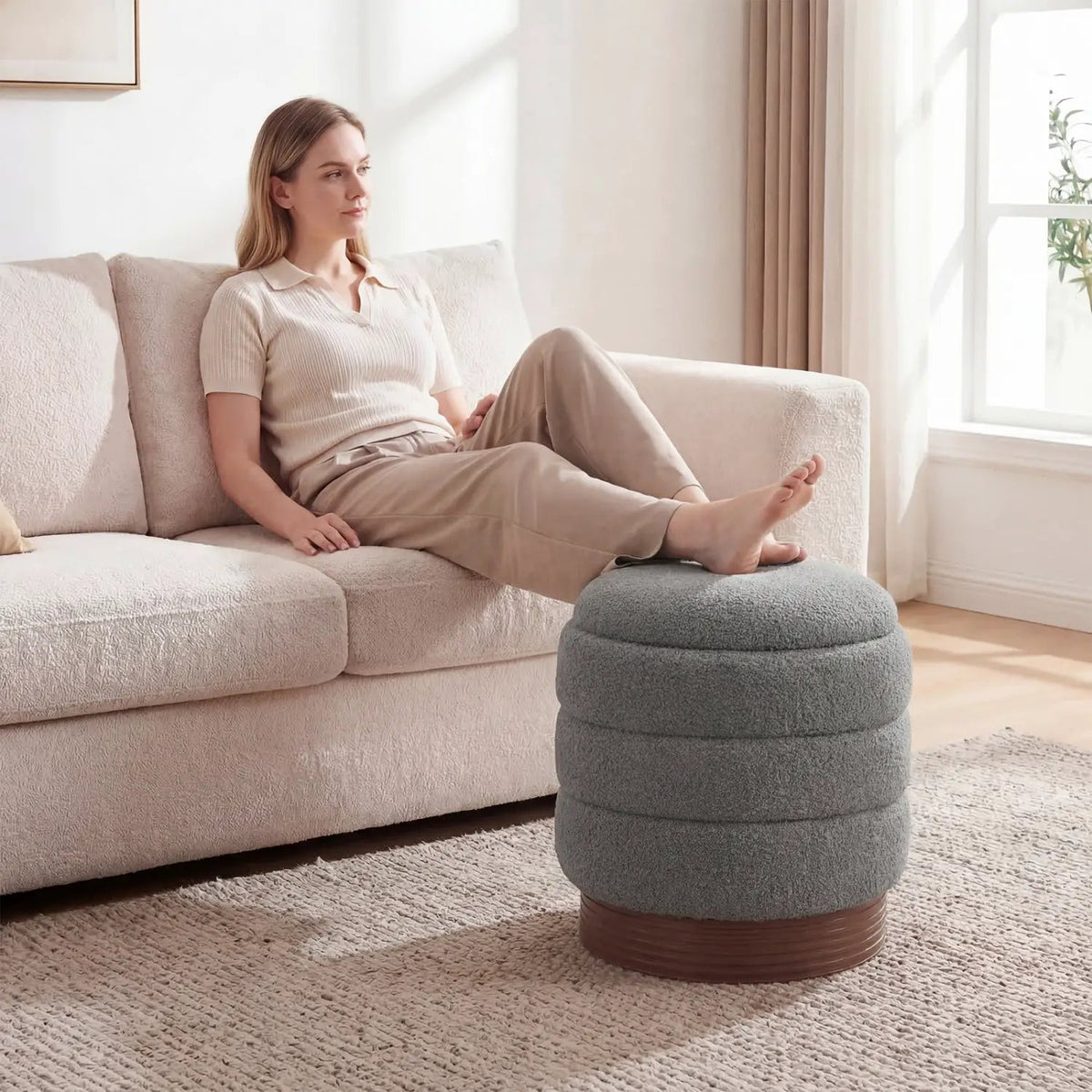 Round Storage Ottoman with Acacia Wood Frame for Living Room, photo 10 of 15