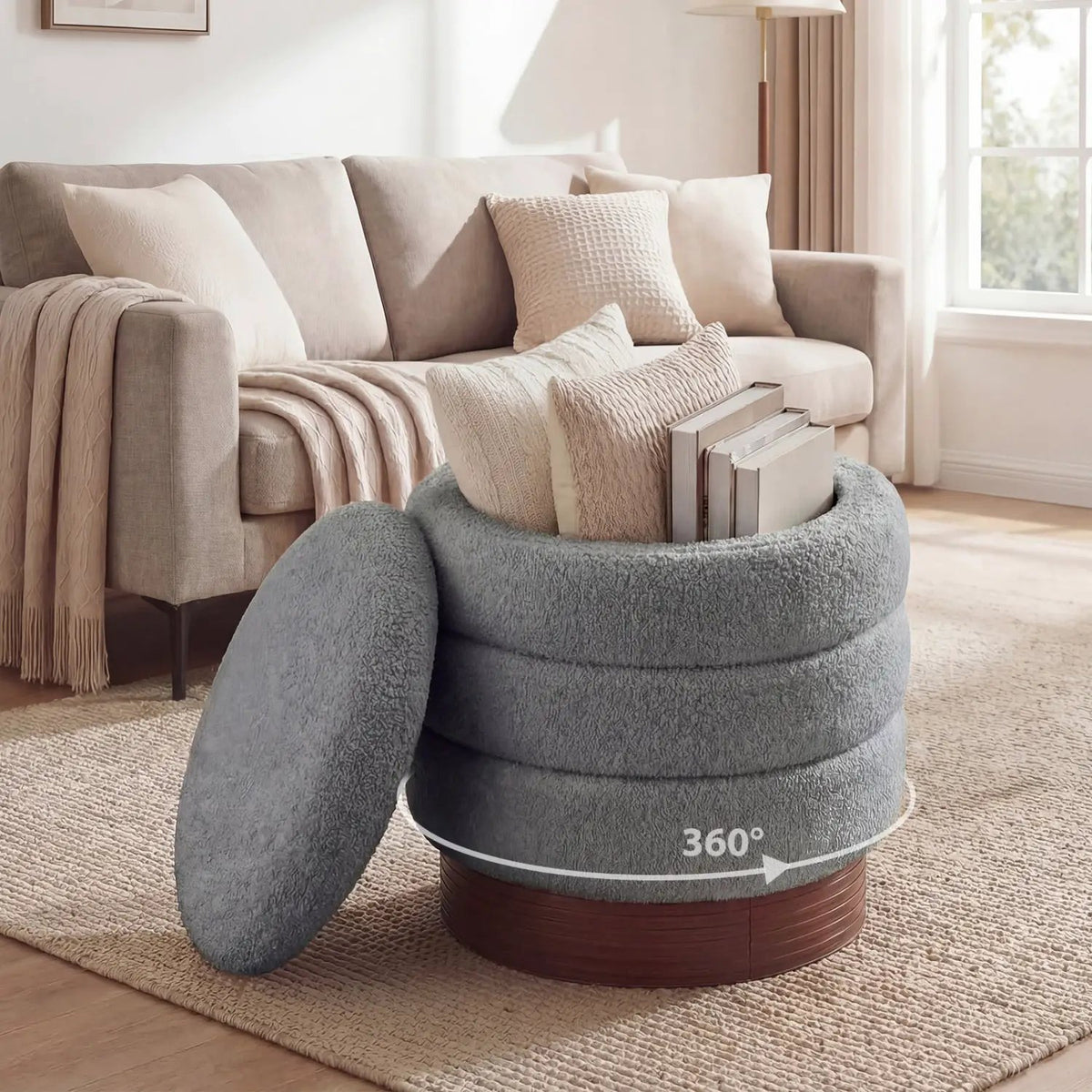 Round Storage Ottoman with Acacia Wood Frame for Living Room, photo 13 of 15