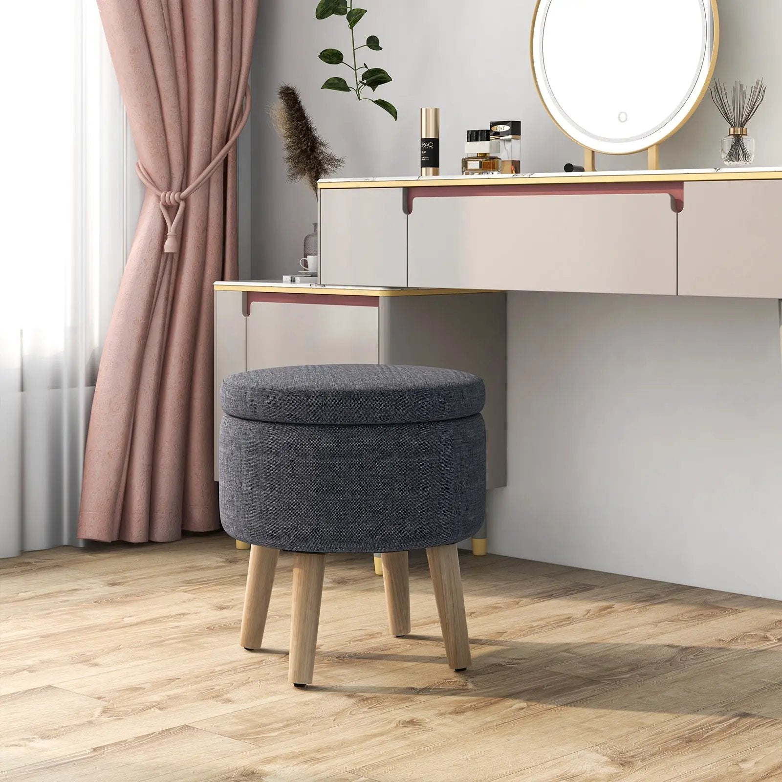 Round Storage Ottoman with Rubber Wood Legs and Adjustable Foot Pads by DirectDeals