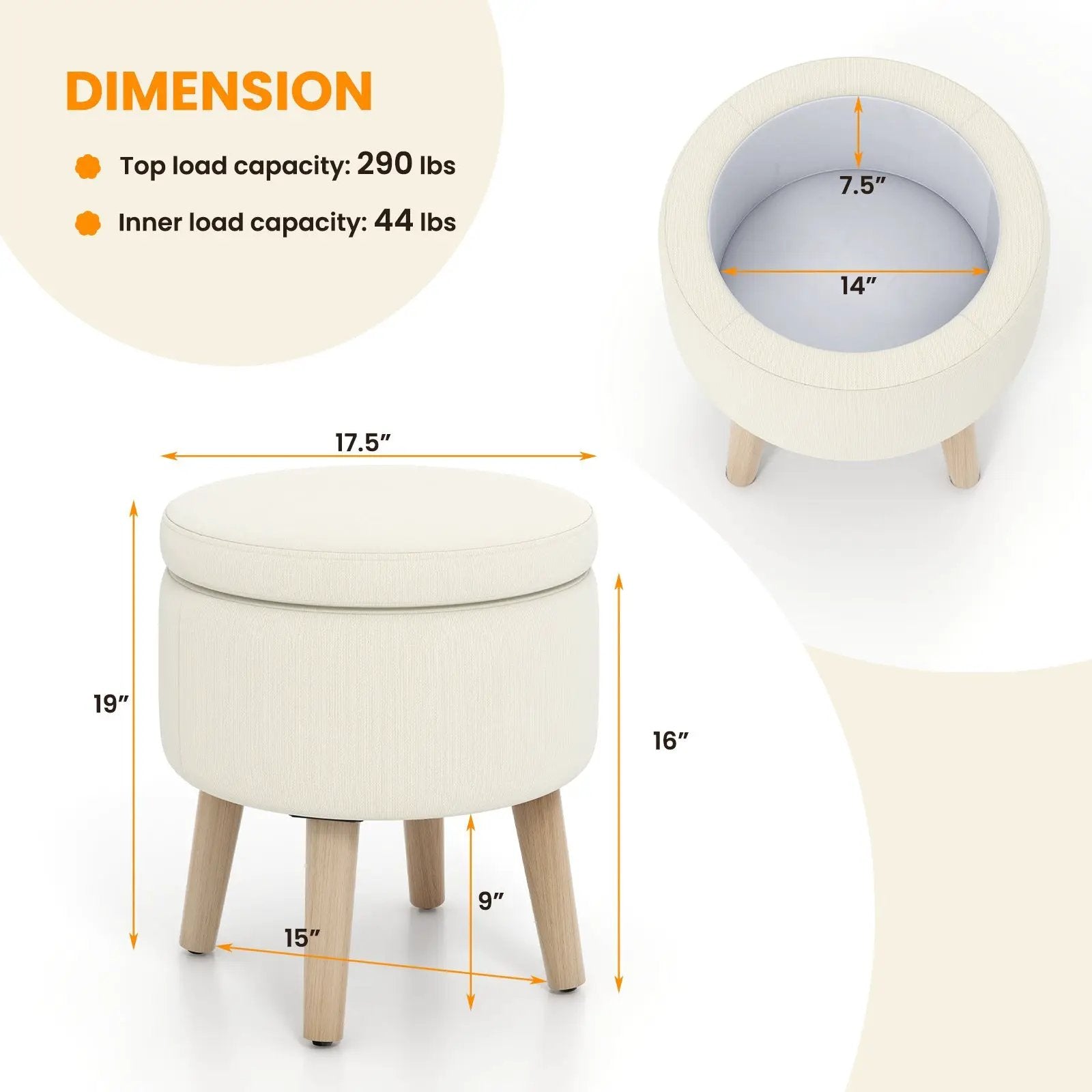 Round Storage Ottoman with Rubber Wood Legs and Adjustable Foot Pads by DirectDeals