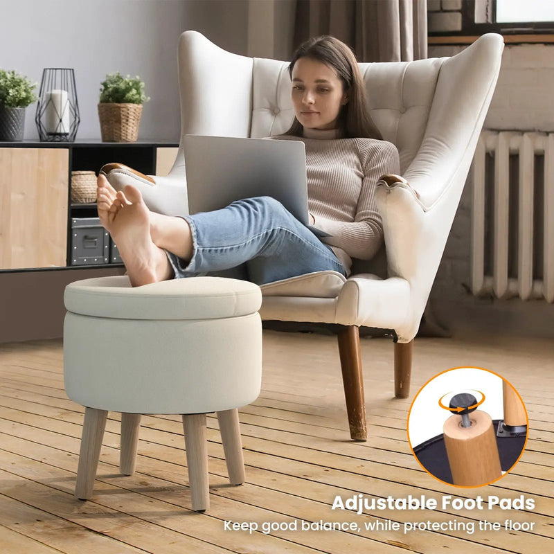 Round Storage Ottoman with Rubber Wood Legs and Adjustable Foot Pads by DirectDeals