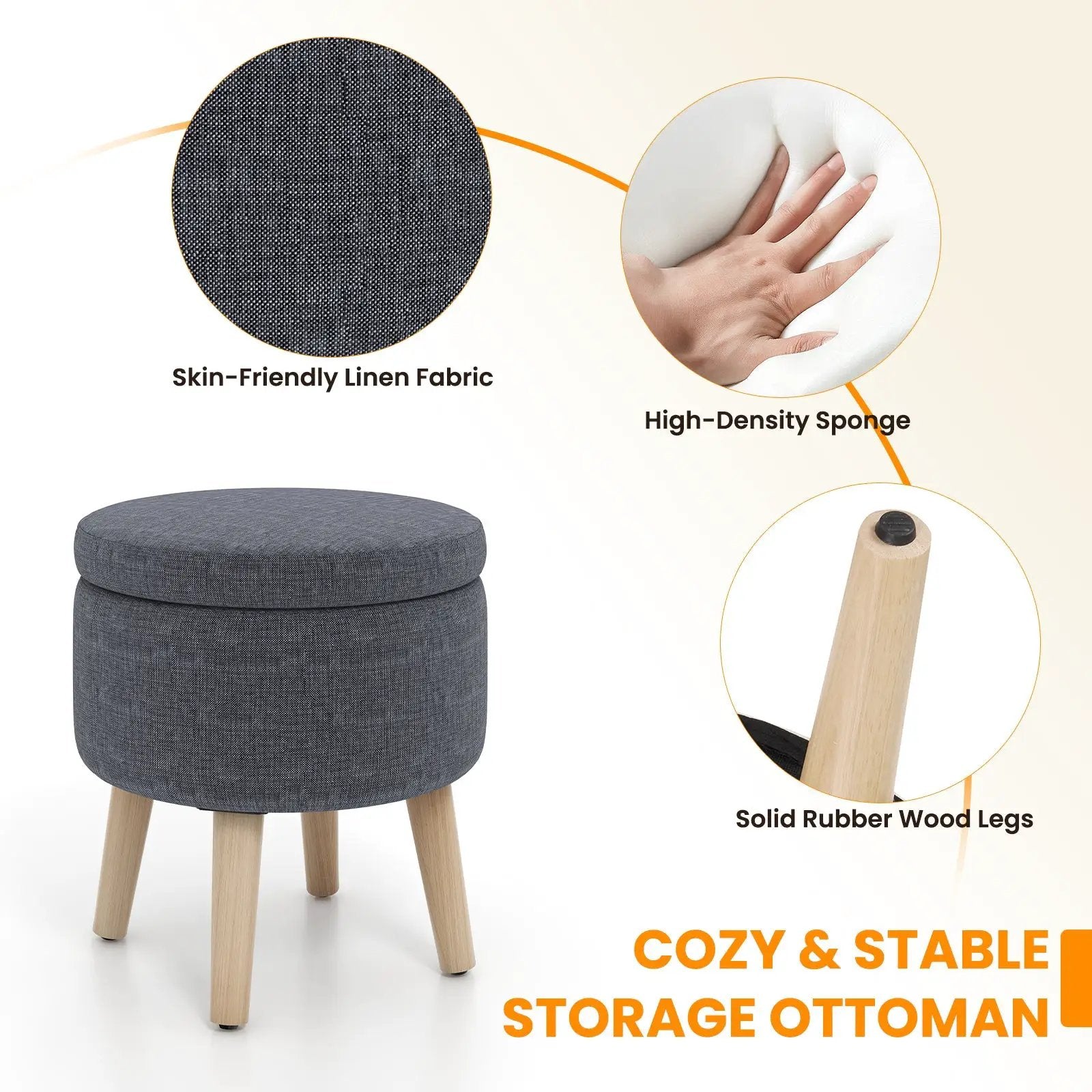 Round Storage Ottoman with Rubber Wood Legs and Adjustable Foot Pads by DirectDeals