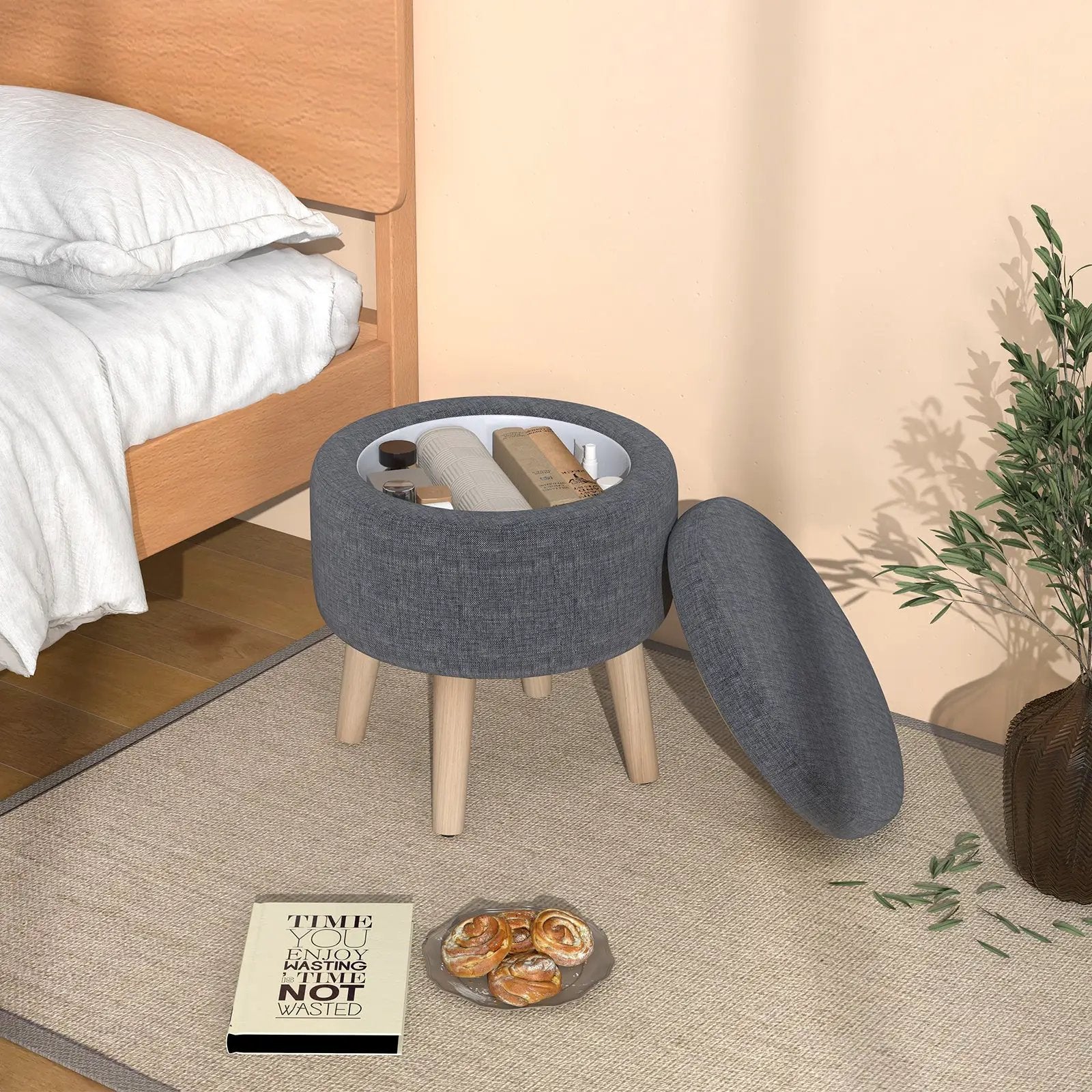 Round Storage Ottoman with Rubber Wood Legs and Adjustable Foot Pads by DirectDeals