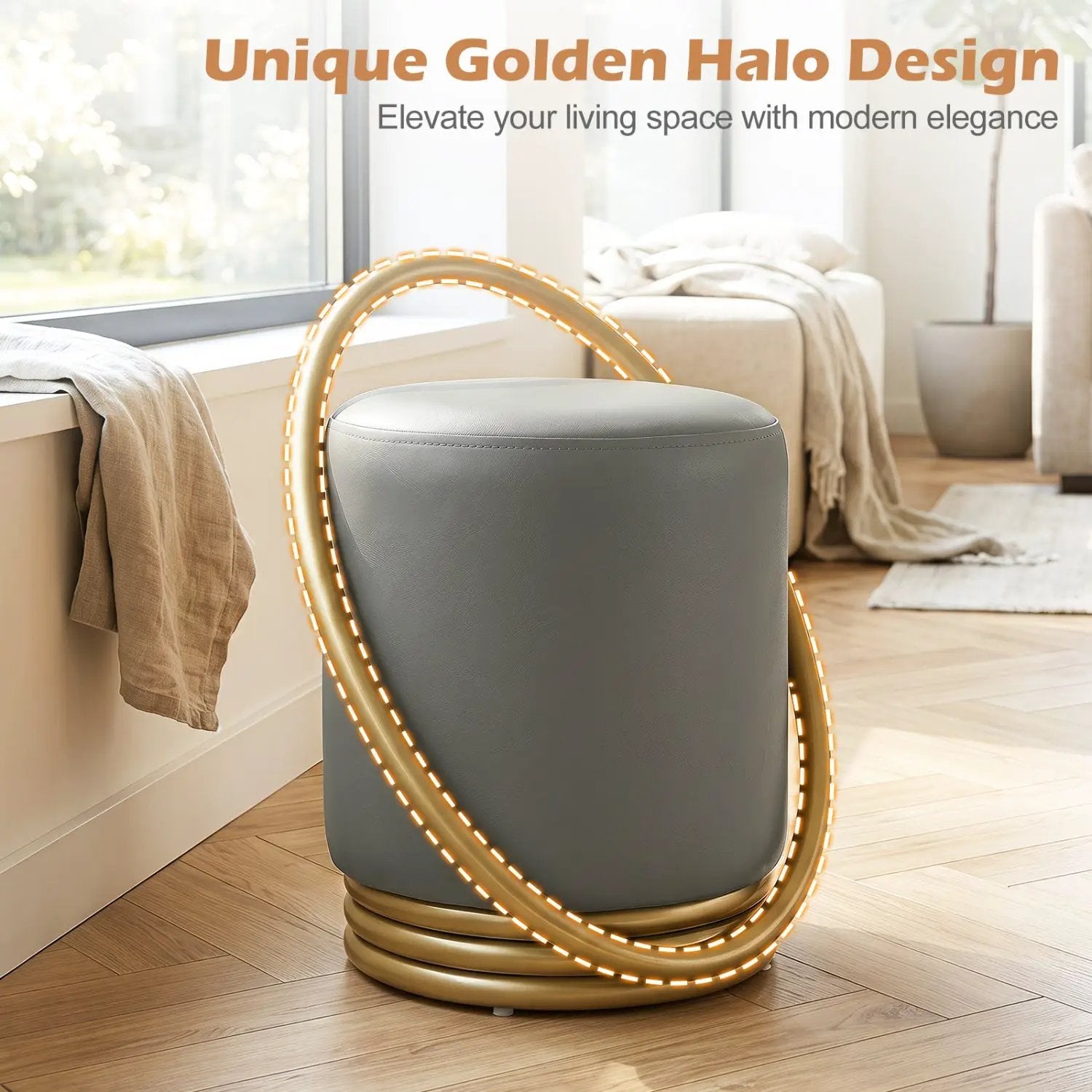 Round Vanity Stool with Gold Halo Design - Faux Leather by DirectDeals