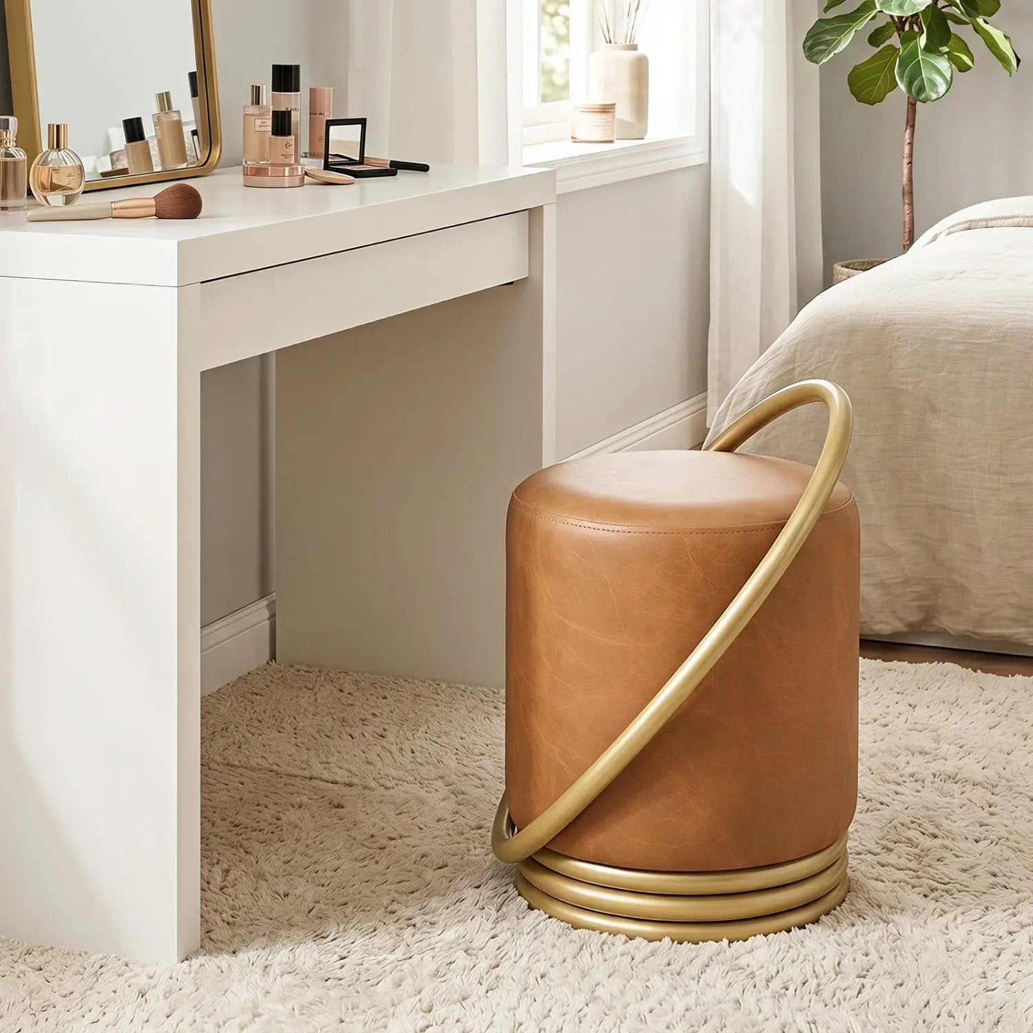 Round Vanity Stool with Gold Halo Design - Faux Leather by DirectDeals