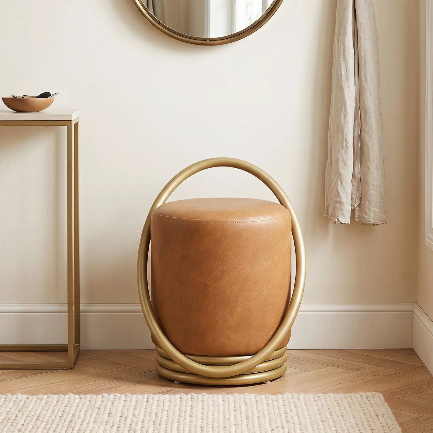 Round Vanity Stool with Gold Halo Design - Faux Leather by DirectDeals