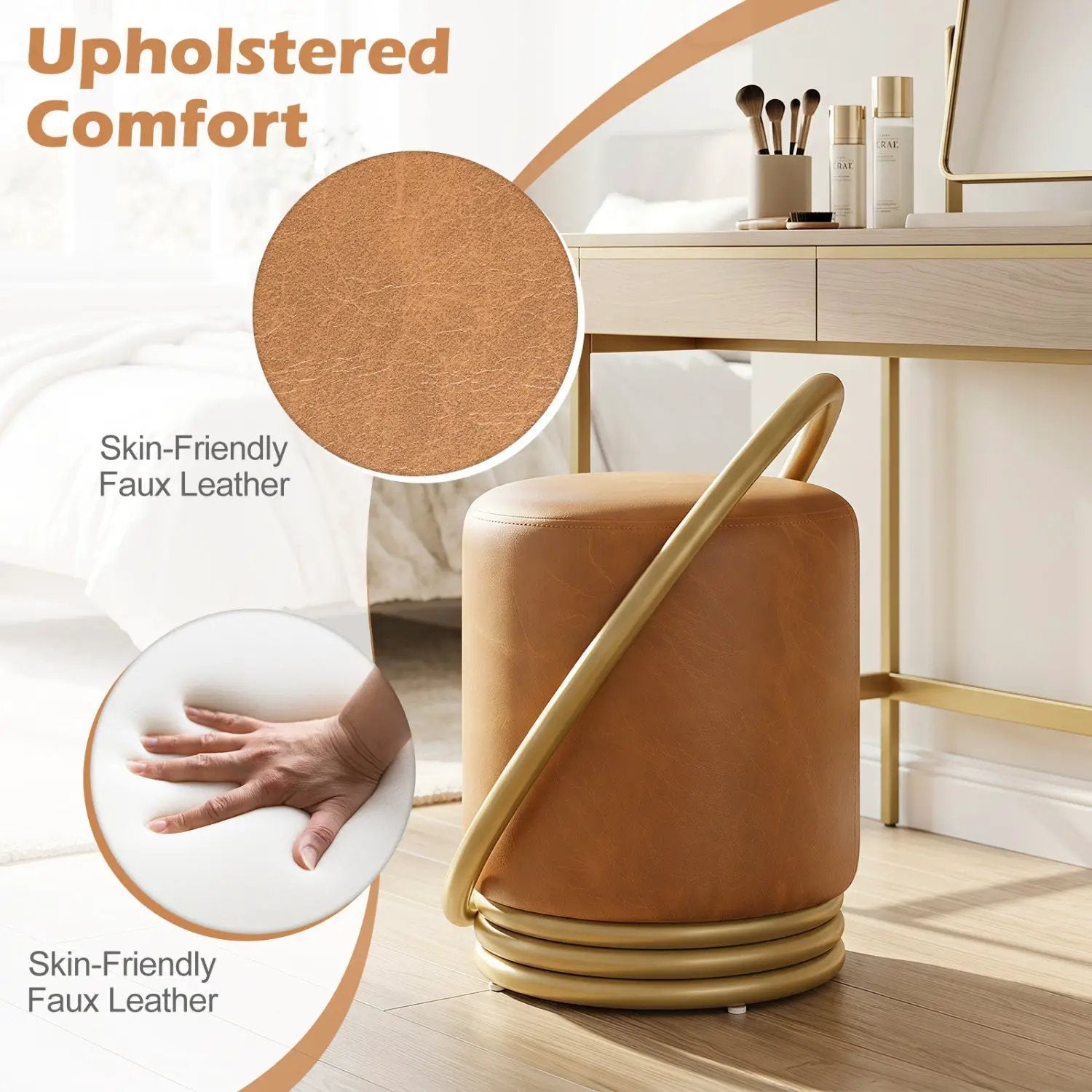 Round Vanity Stool with Gold Halo Design - Faux Leather by DirectDeals
