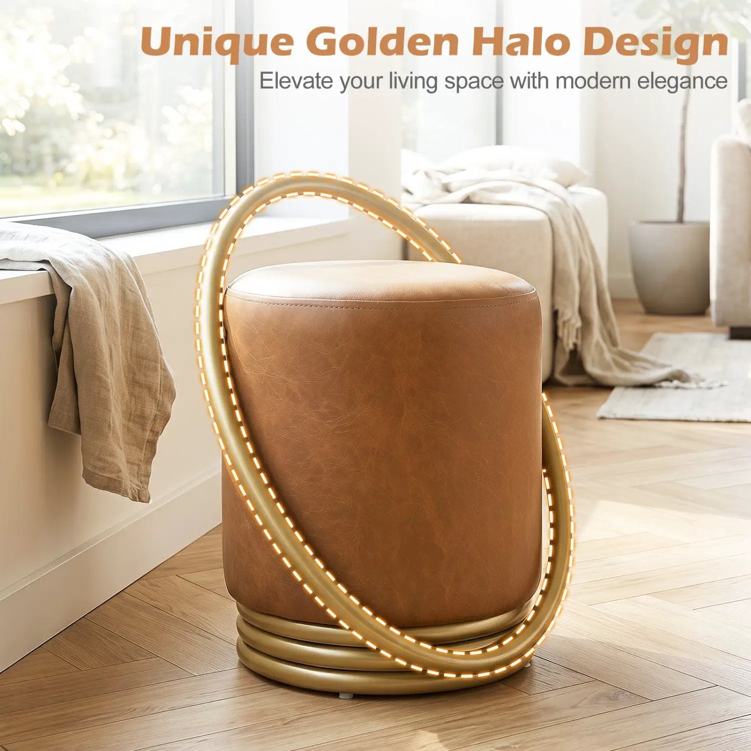 Round Vanity Stool with Gold Halo Design - Faux Leather by DirectDeals