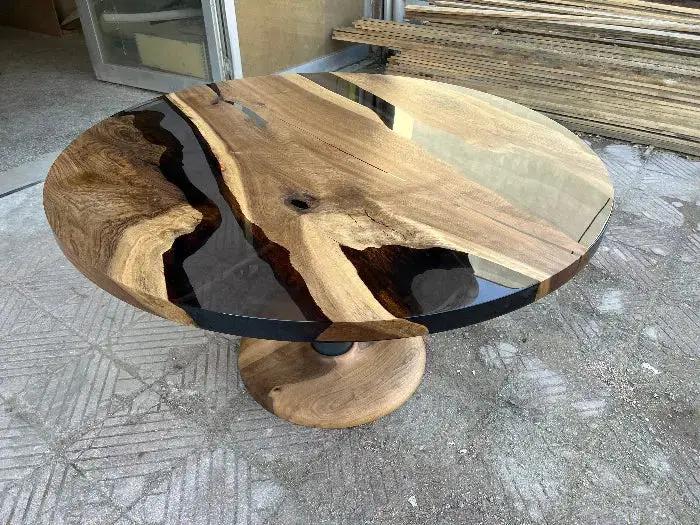 Custom Round Epoxy Resin Walnut Dining - Kitchen Table With Wood Base, photo 19 of 24