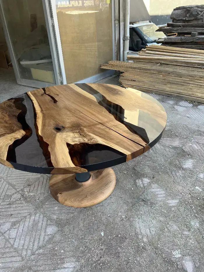 Custom Round Epoxy Resin Walnut Dining - Kitchen Table With Wood Base, detail 4