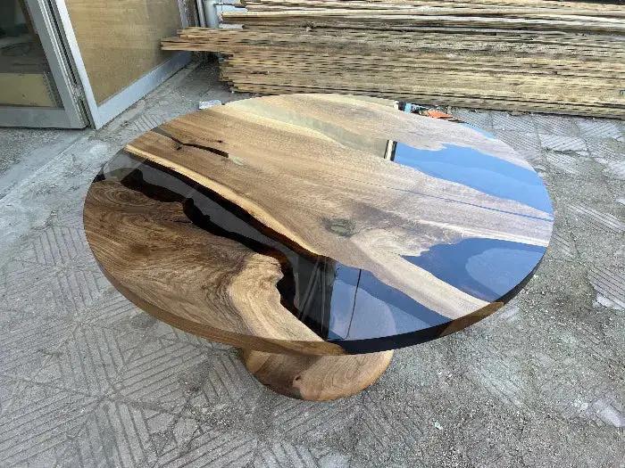 Custom Round Epoxy Resin Walnut Dining - Kitchen Table With Wood Base, photo 15 of 24
