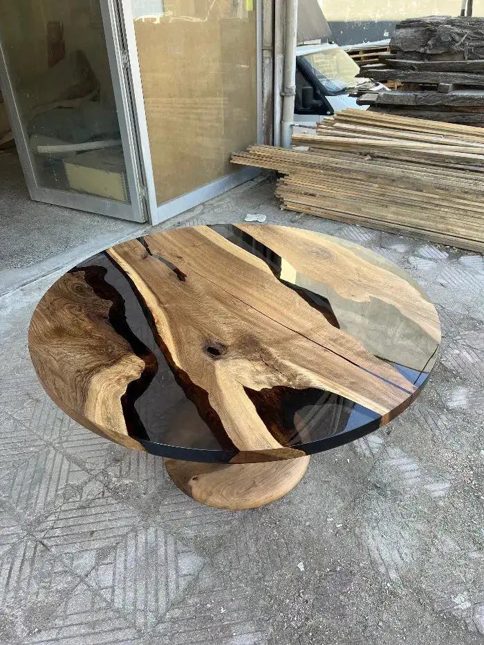 Custom Round Epoxy Resin Walnut Dining - Kitchen Table With Wood Base, photo 18 of 24