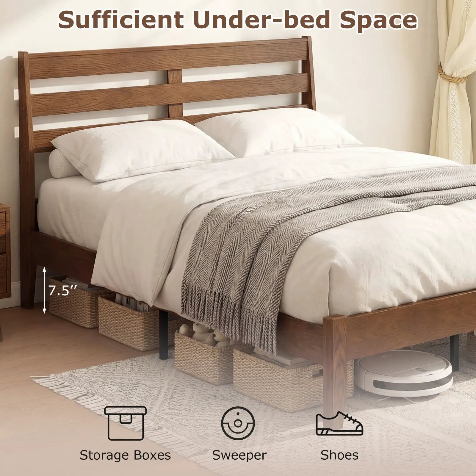 Twin Size Wood Platform Bed Frame with Slat Headboard by DirectDeals