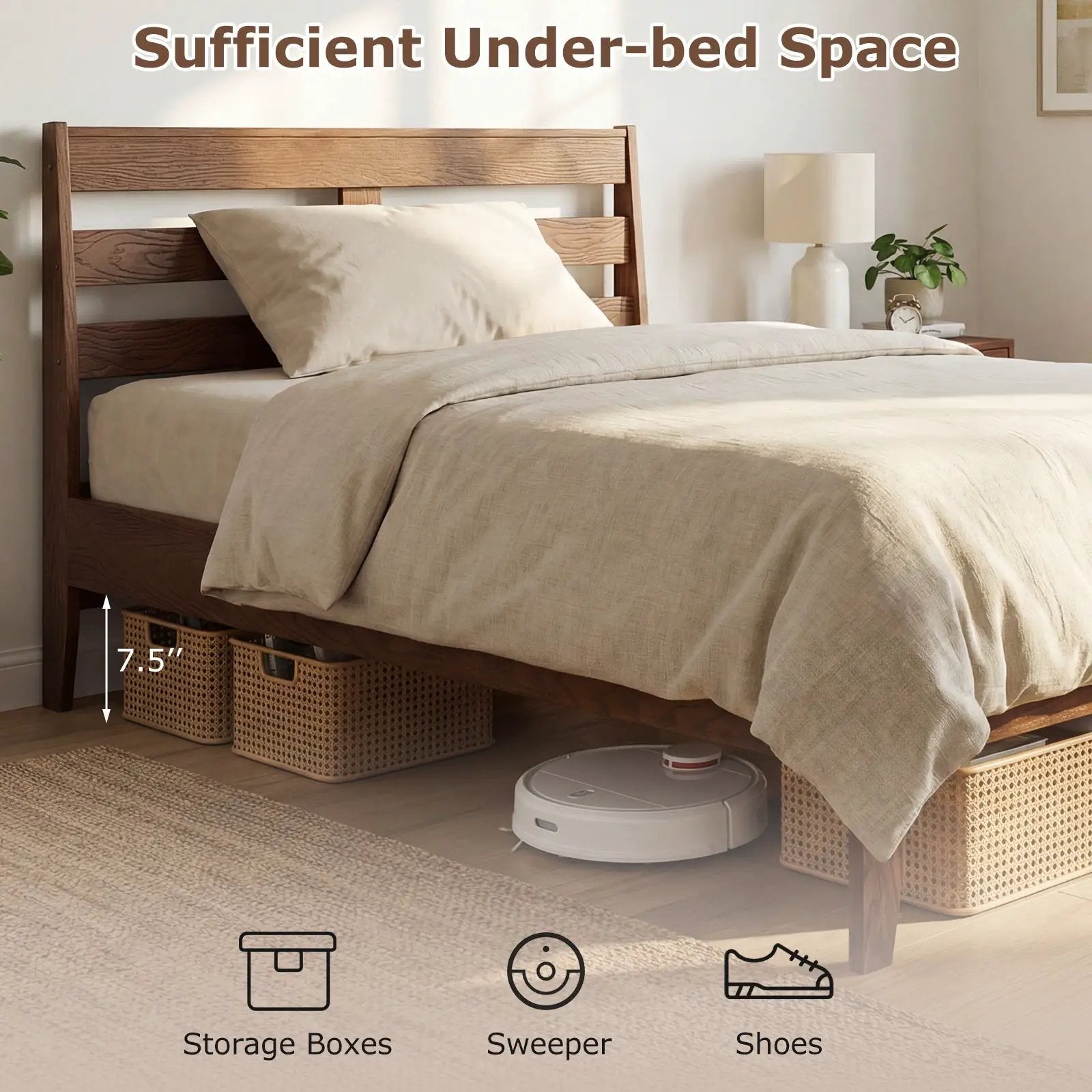 Twin Size Wood Platform Bed Frame with Slat Headboard by DirectDeals