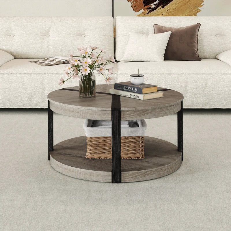34.5" Rubber Wood 2-Tier Round Center Table with Spacious Tabletop and Storage Shelf-Gray by DirectDeals