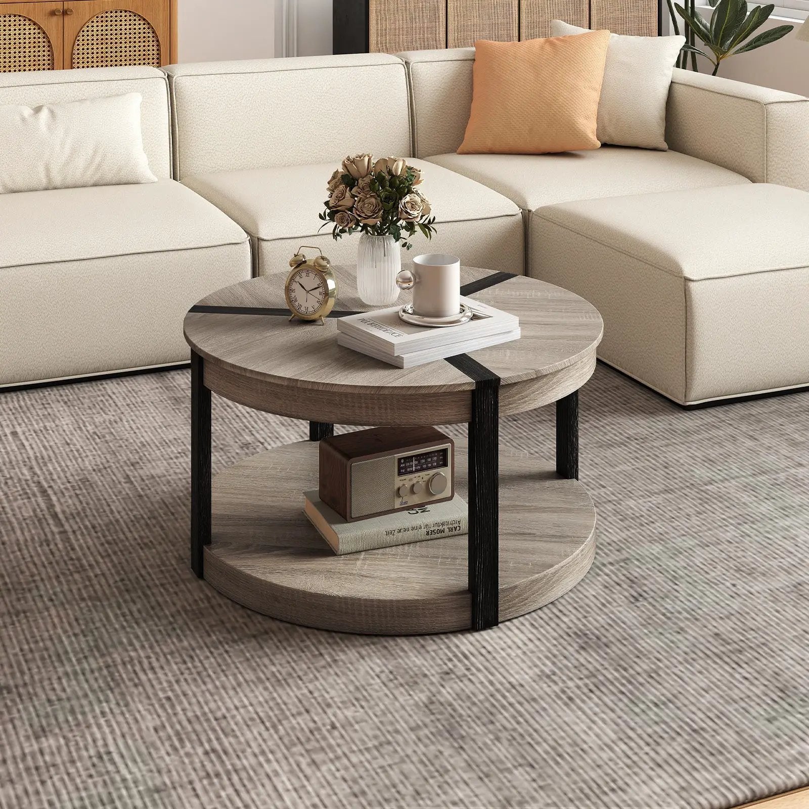 34.5" Rubber Wood 2-Tier Round Center Table with Spacious Tabletop and Storage Shelf-Gray by DirectDeals