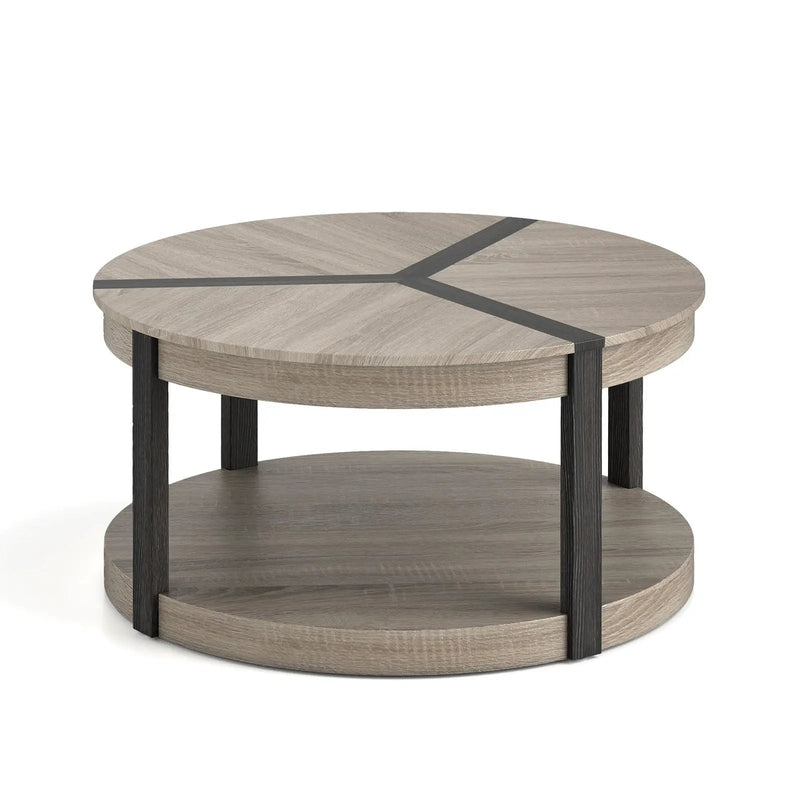 34.5" Rubber Wood 2-Tier Round Center Table with Spacious Tabletop and Storage Shelf-Gray by DirectDeals