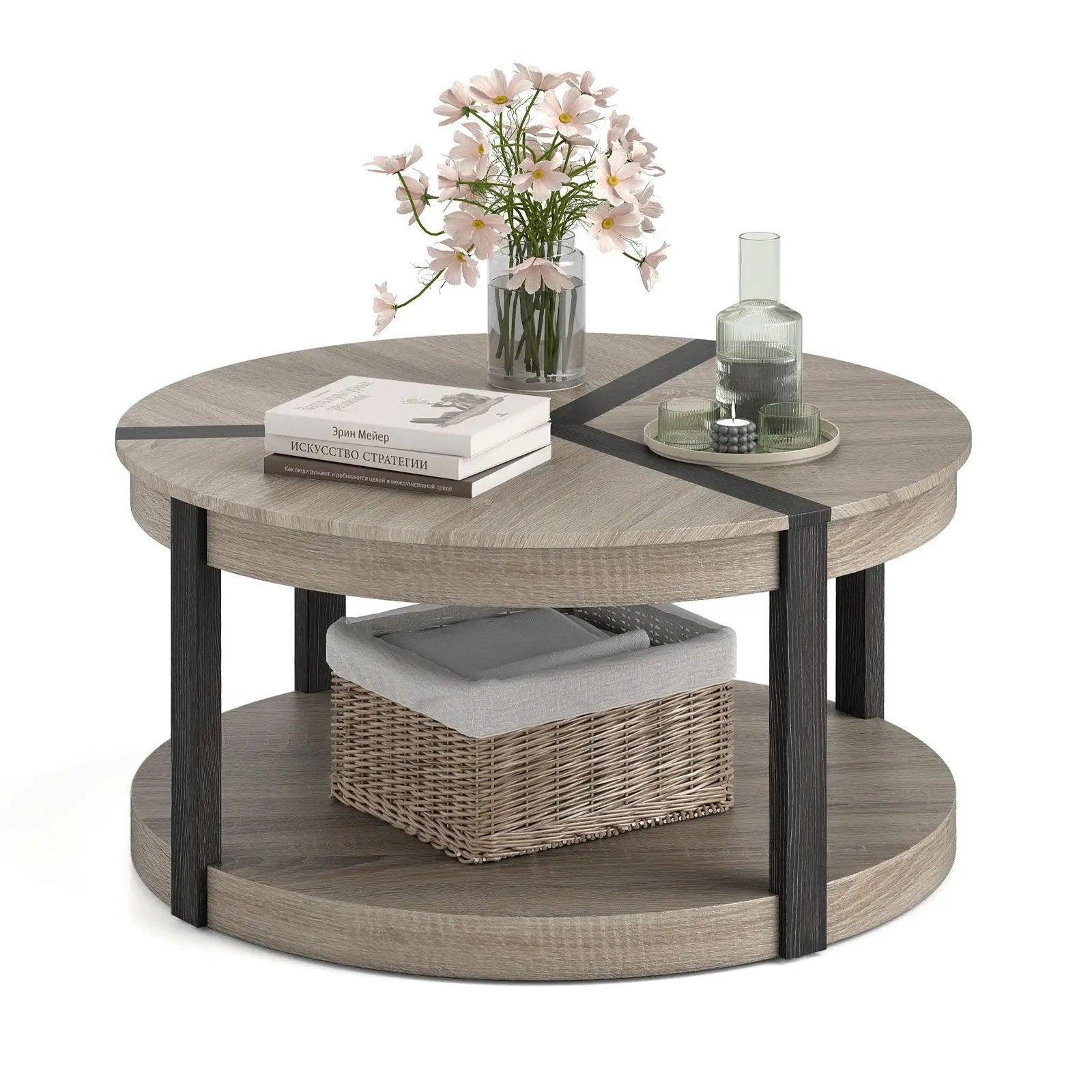 34.5" Rubber Wood 2-Tier Round Center Table with Spacious Tabletop and Storage Shelf-Gray by DirectDeals
