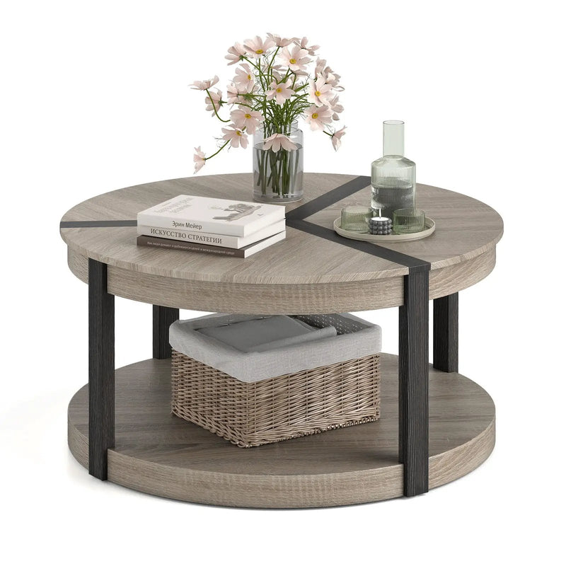 34.5" Rubber Wood 2-Tier Round Center Table with Spacious Tabletop and Storage Shelf-Gray by DirectDeals
